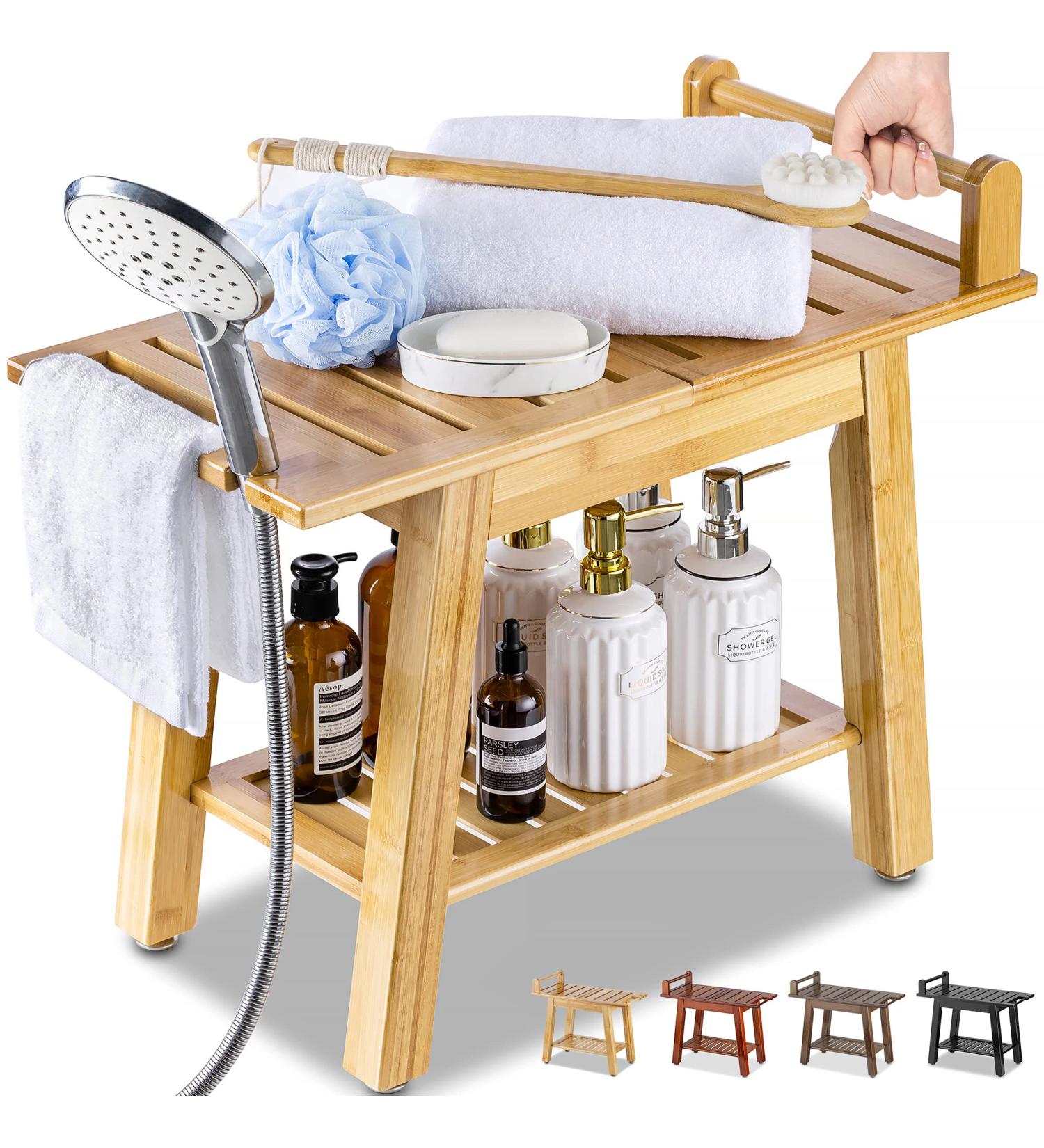 ETECHMART 2-Tier Bamboo Shower Bench  24 Inch Spa Stool with Storage Shelf for Inside Shower Legs Shaving  Entryway or Bathroom  A-Shaped Shower Bath Seat for Seniors Adults Disabled Women  Natural 24Ã20Ã12 Inch+Bamboo - Buy Online on GoSupps.com