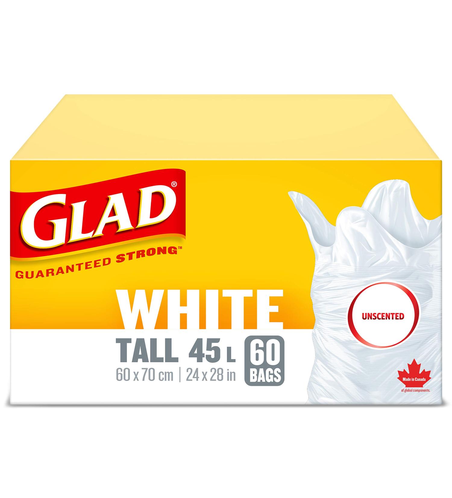 Glad White Garbage Bags - Tall 45 Litres - Unscented 60 Trash Bags Made in Canada of Global Components Tall. 60 bags - Buy Online on GoSupps.com