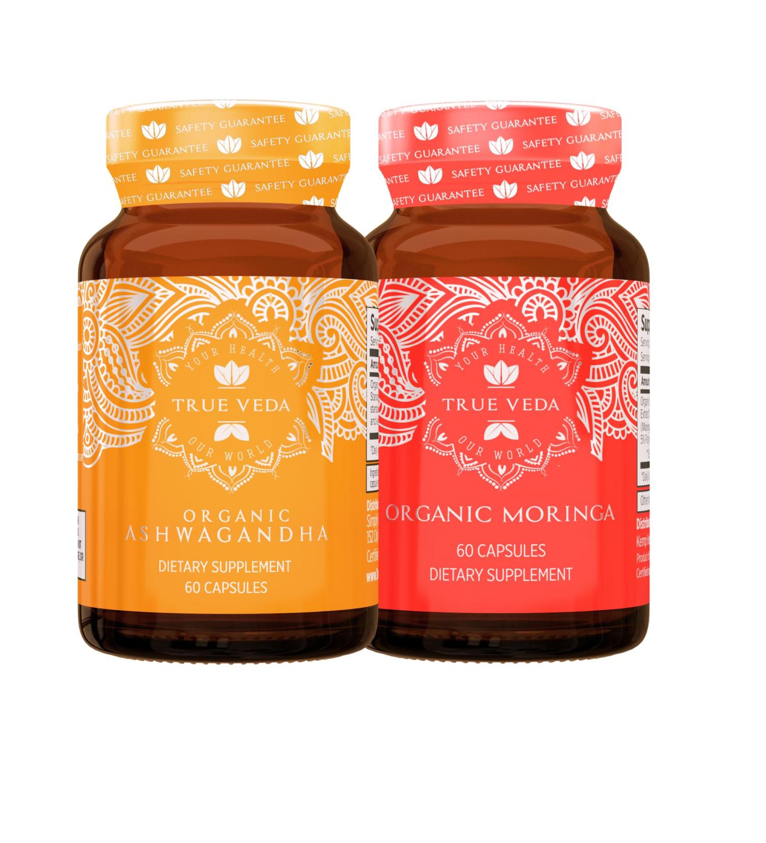 True Veda Energy Bundle | USDA Organic | Multi-Award-Winning | Organic Ashwagandha KSM-66 + Organic Moringa Capsules - Buy Online on GoSupps.com