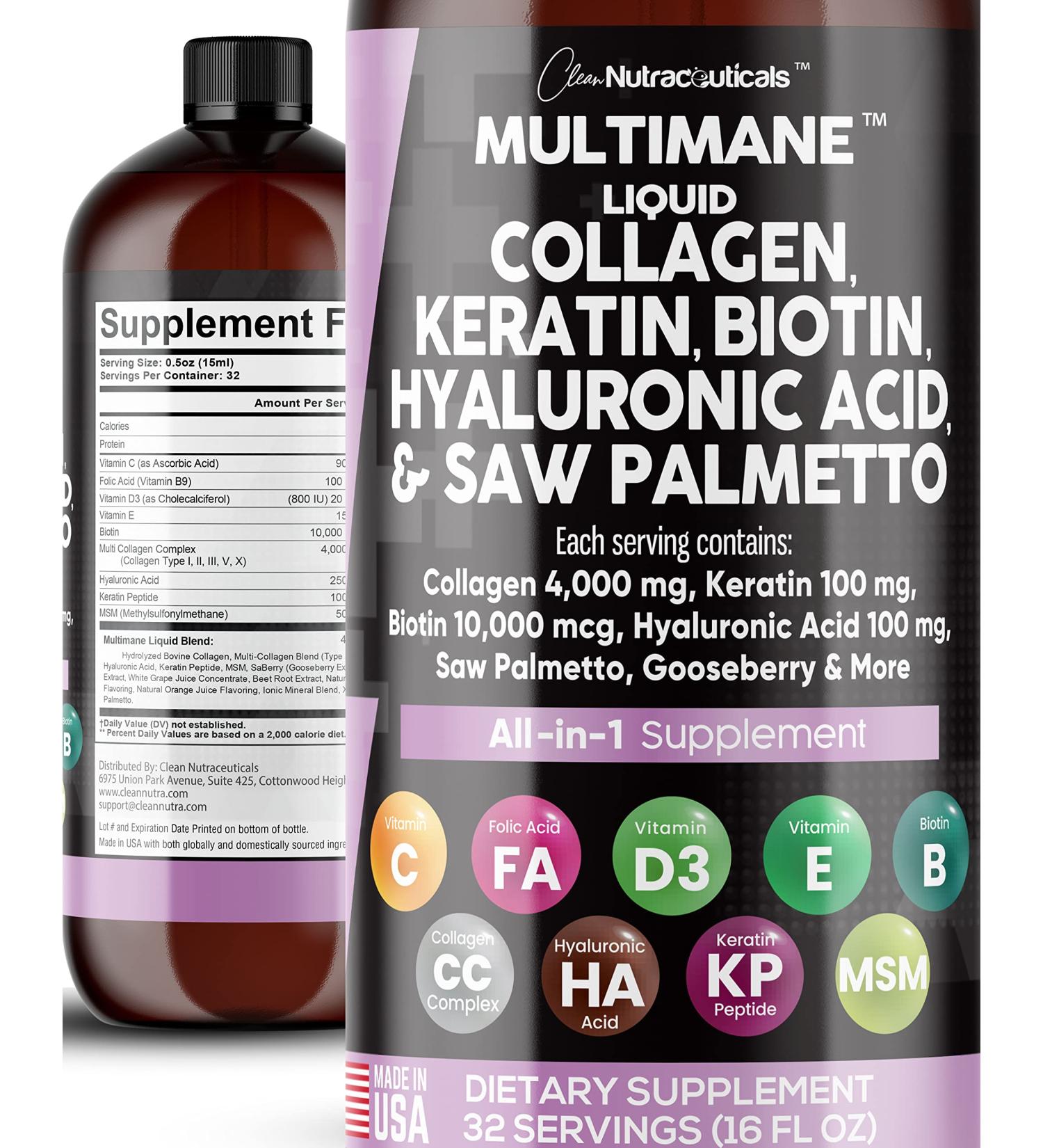 Premium Liquid Collagen with Biotin, Keratin, Saw Palmetto - Hair Skin and Nails Vitamins - Made in USA - 16 Fl. Oz - Buy Online on GoSupps.com