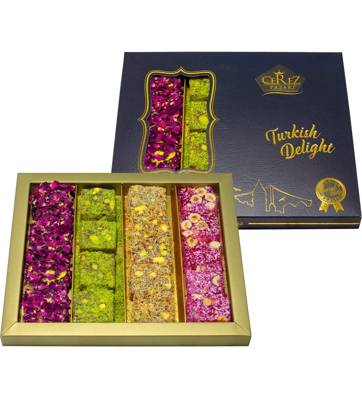 Cerez Pazari Luxury Turkish Delight Gift Box 17 oz - Pistachio, Hazelnut, Rose & Pomegranate Flavour | Vegan Gourmet Lokum (16-20 Pcs) - Buy Online on GoSupps.com