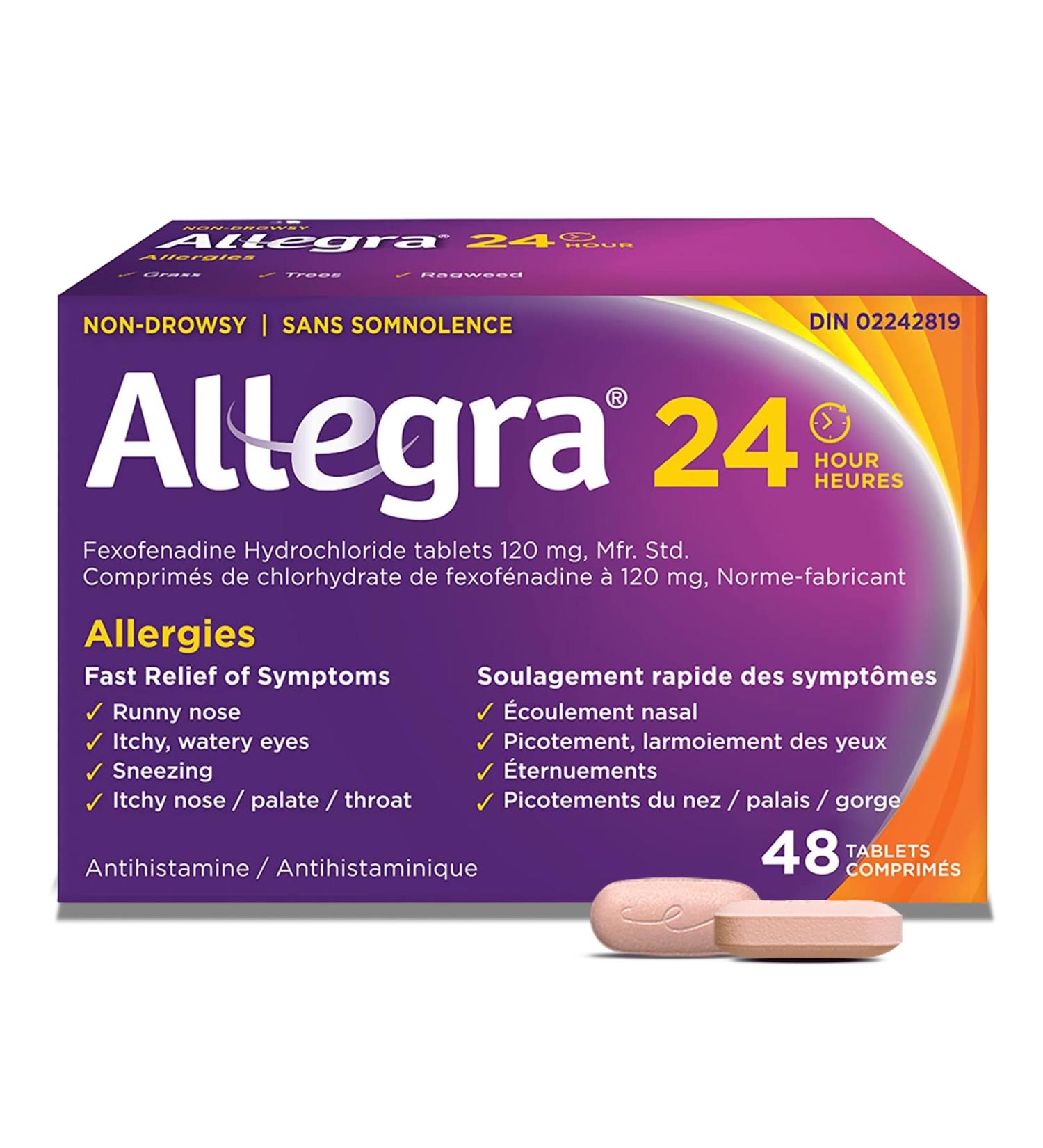 Allegra 24 / Hour Allergy Medication Non Drowsy Fast and Effective Multi-Symptom Allergy Relief Medicine for Sneezing Watery Eyes and Itchy Throat Fexofenadine Hydrochloride 120 mg 48 Tablets - Buy Online on GoSupps.com