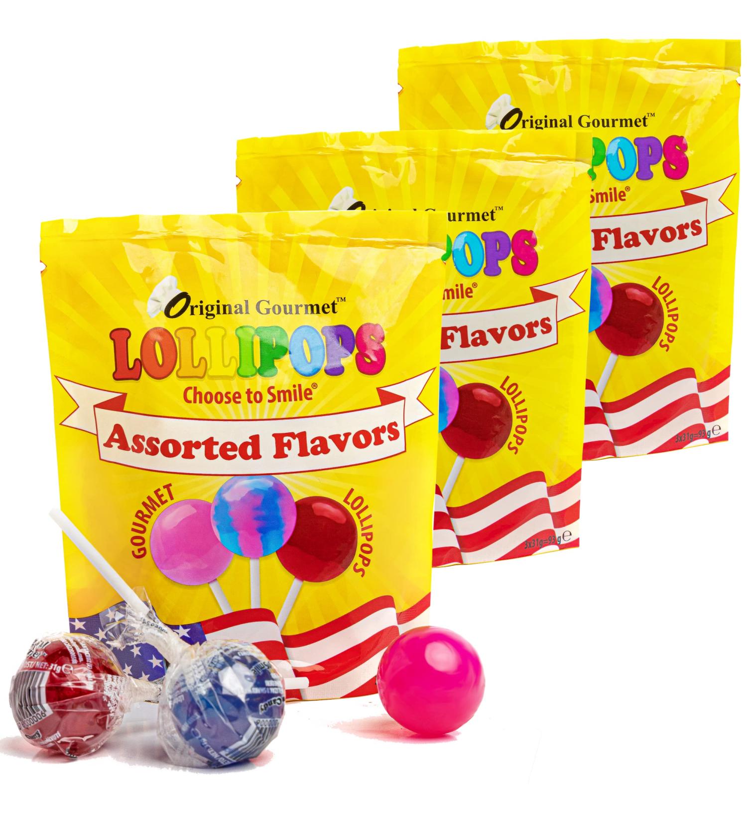 Original Gourmet Lollipop - 3 Individually Wrapped Lollipops per bag - Cotton Candy Bubblegum and Cherry - America's Number 1 Selling Lolly Brand - Gluten Free and Vegetarian 93g Bag - Buy Online on GoSupps.com
