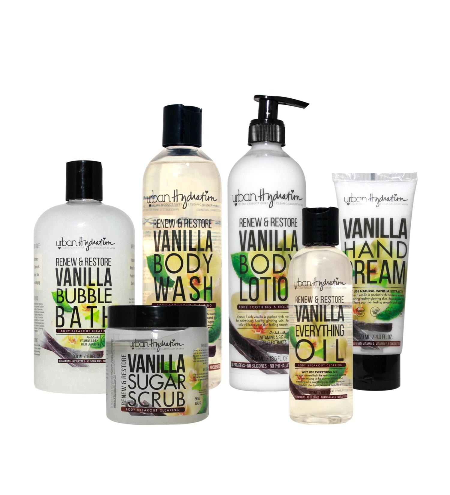 Urban Hydration Renew & Restore Vanilla 6pc Bath & Body Set | Sulfate & Paraben Free | Ideal for All Skin Types - Bubble Bath Everything Oil Hand Cream Sugar Scrub Body Wash & Lotion - Buy Online on GoSupps.com