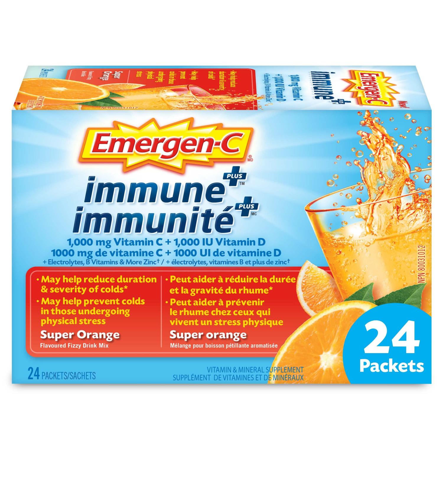 Emergen-C Immune+ 1000mg Vitamin C Powder Supplement Drink Mix Immune System Booster Super Orange 24 Packets Vitamin Orange 223.2 g (Pack of 1) - Buy Online on GoSupps.com
