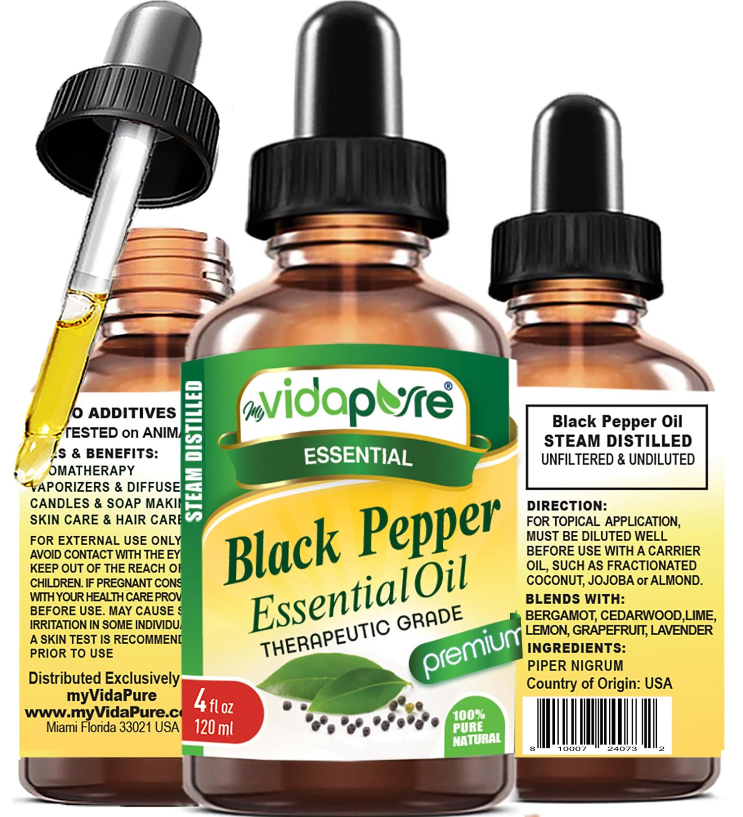 myVidaPure Black Pepper Essential Oil 100% Pure Natural Undiluted for Beauty Skin Face Hair Aromatherapy Soaps Candles Reed Diffusers Perfume (4 Fl Oz Black Pepper) Black Pepper 4 Fl Oz (Pack of 1)