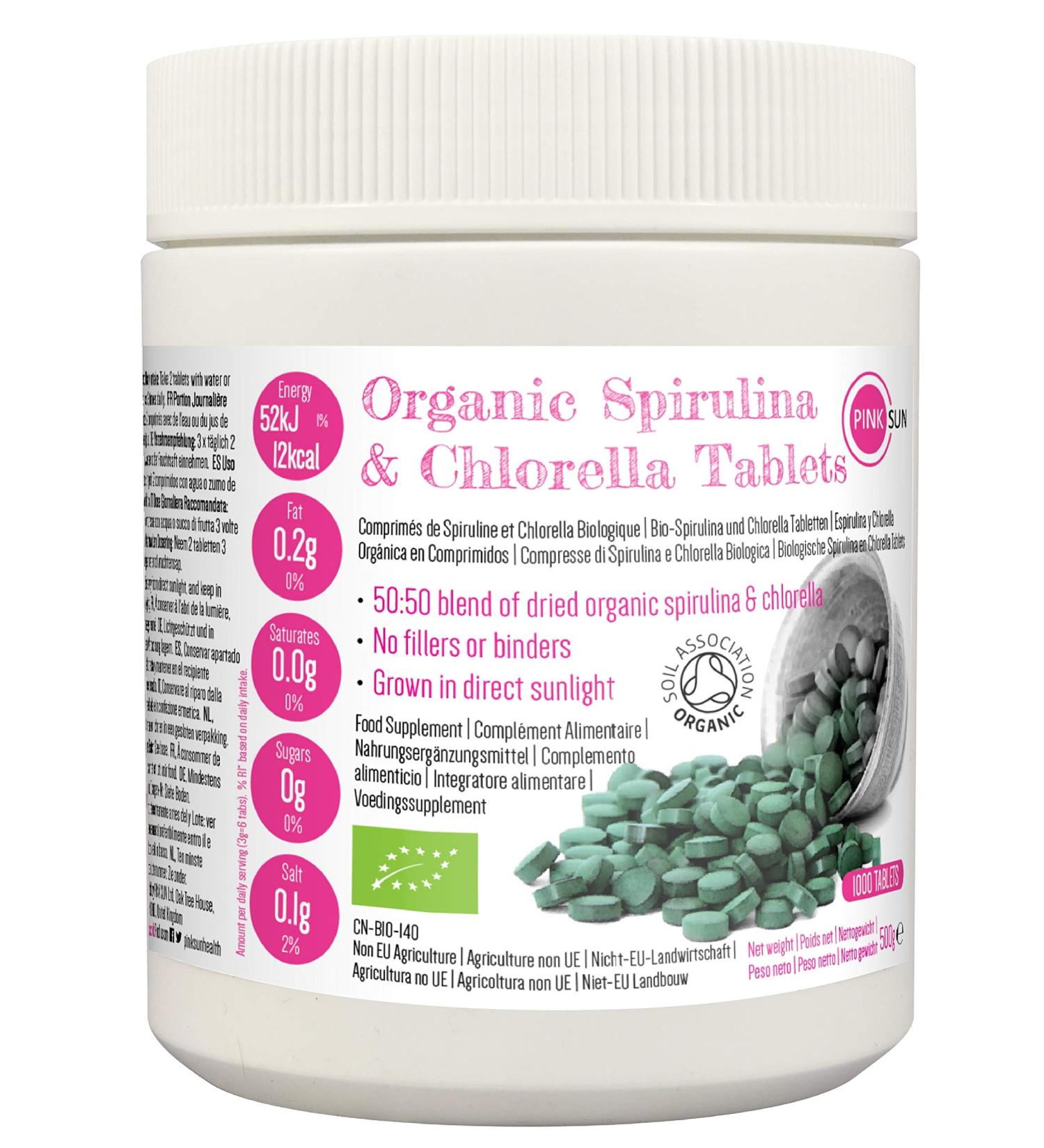 PINK SUN Organic Spirulina Chlorella Tablets 500mg x 1000 | Gluten Free Non GMO Vegan | Soil Association Certified | Bulk Buy 500g - Buy Online on GoSupps.com
