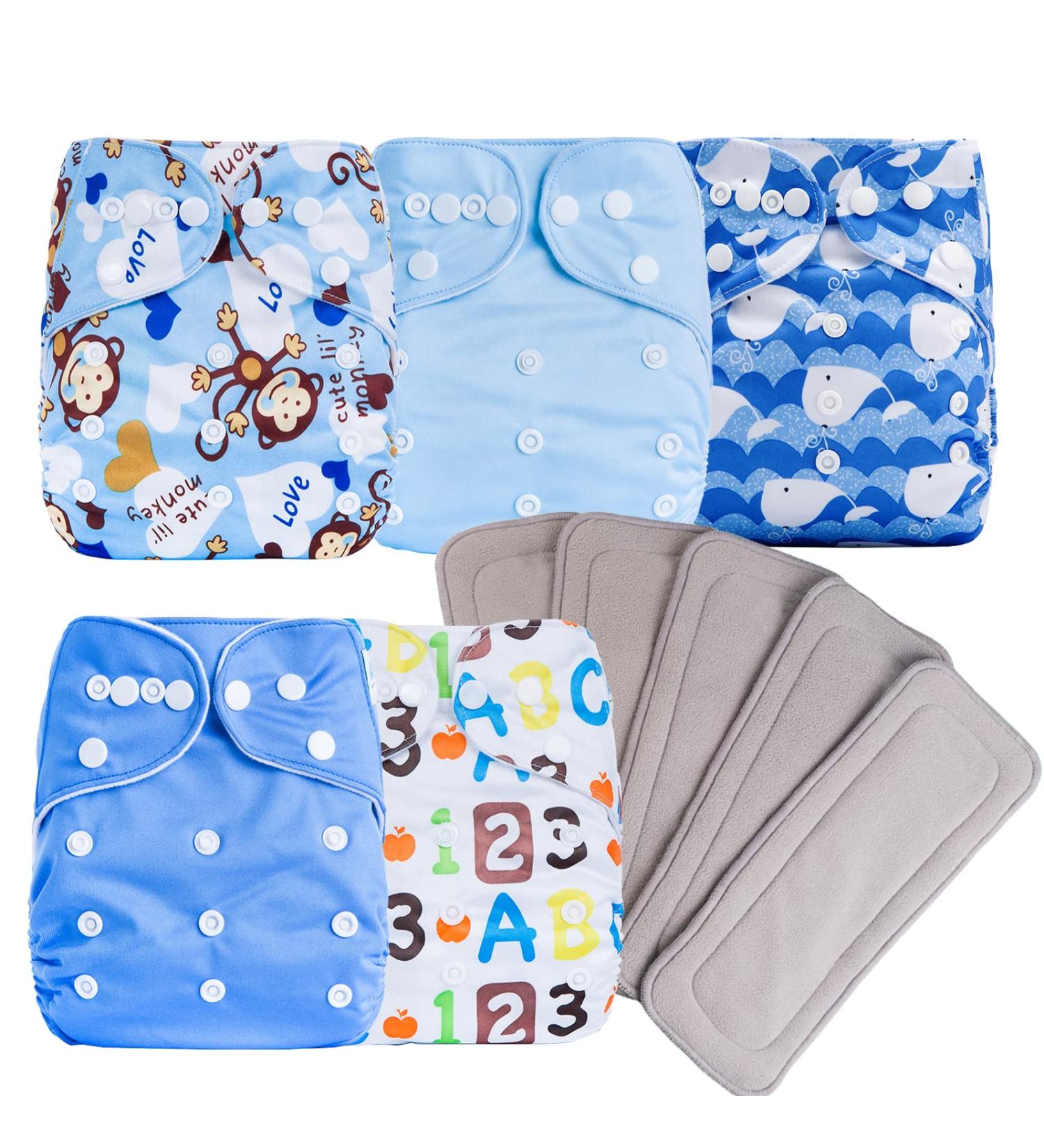 10 Pcs Adjustable Washable Baby Cloth Diapers + 5 Bamboo Inserts (Refreshing Blue) - Buy Online on GoSupps.com