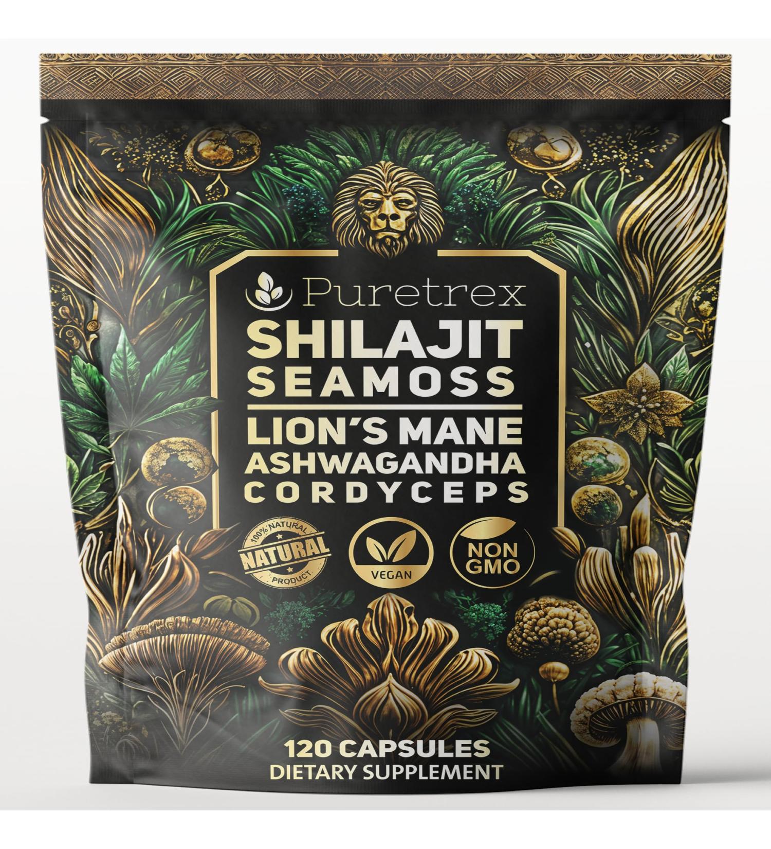 PURETREX Shilajit Seamoss Capsules with Lion's Mane, Ashwagandha, and Cordyceps 120 Vegan Capsules for Energy, Focus, and Wellness - Buy Online on GoSupps.com