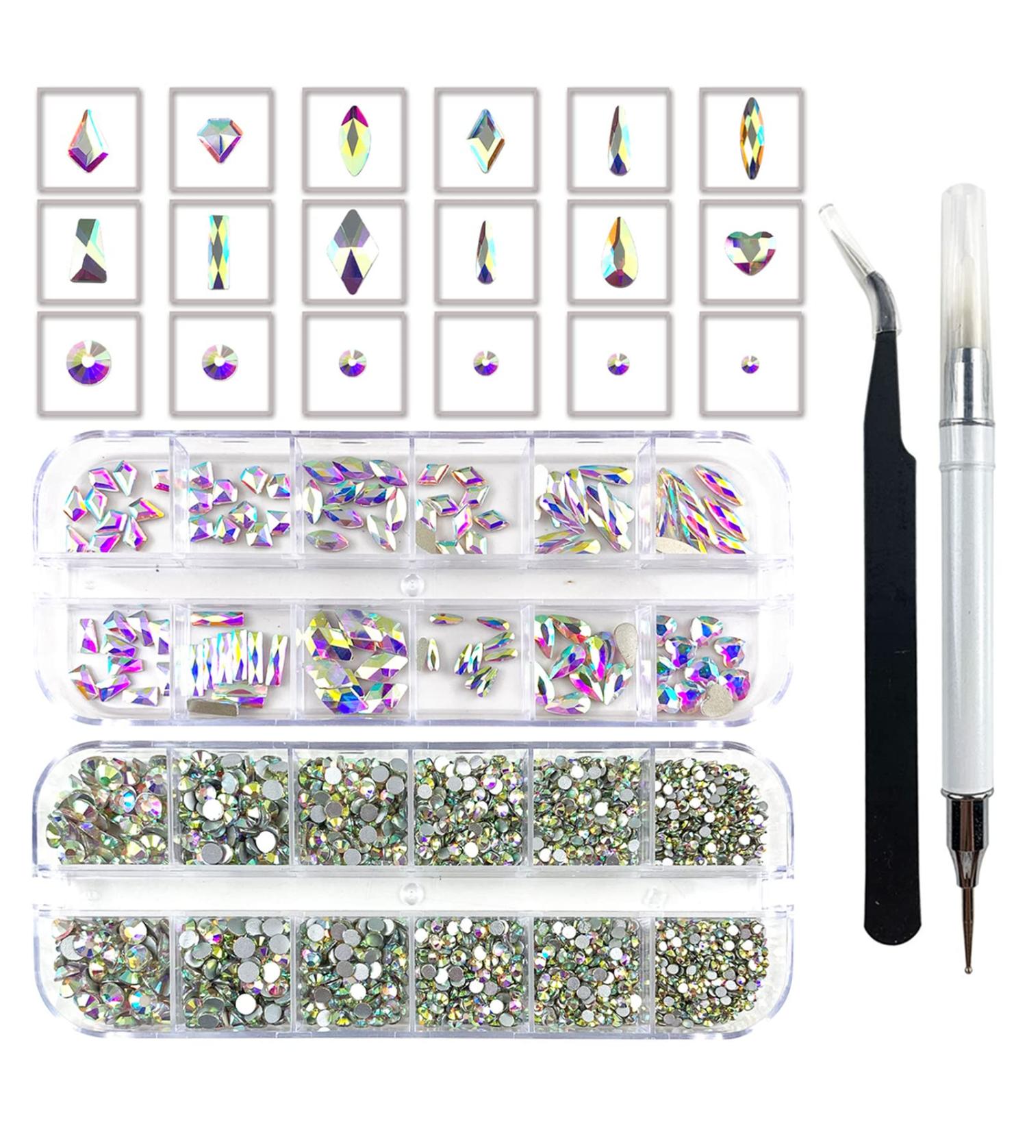 Nail Art Rhinestones Set - 2640 Pcs Flat Back Crystals for Face Gems, Craft Decorations | Includes Picker Pencil & Tweezers (120 Multi-Shaped & 2520 Clear AB Round Rhinestones) - Buy Online on GoSupps.com