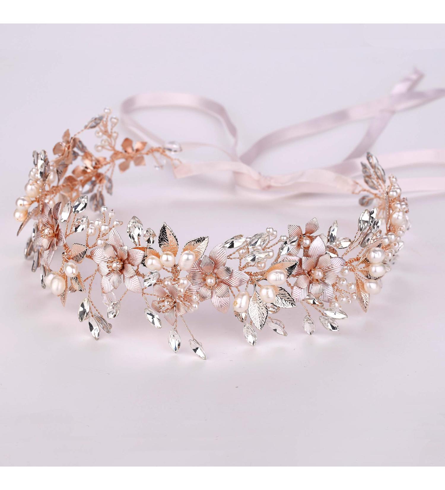 Oriamour Flower Design Wedding Headband with Freshwater Pearls - Rose Gold Bridal Hair Accessories - Buy Online on GoSupps.com