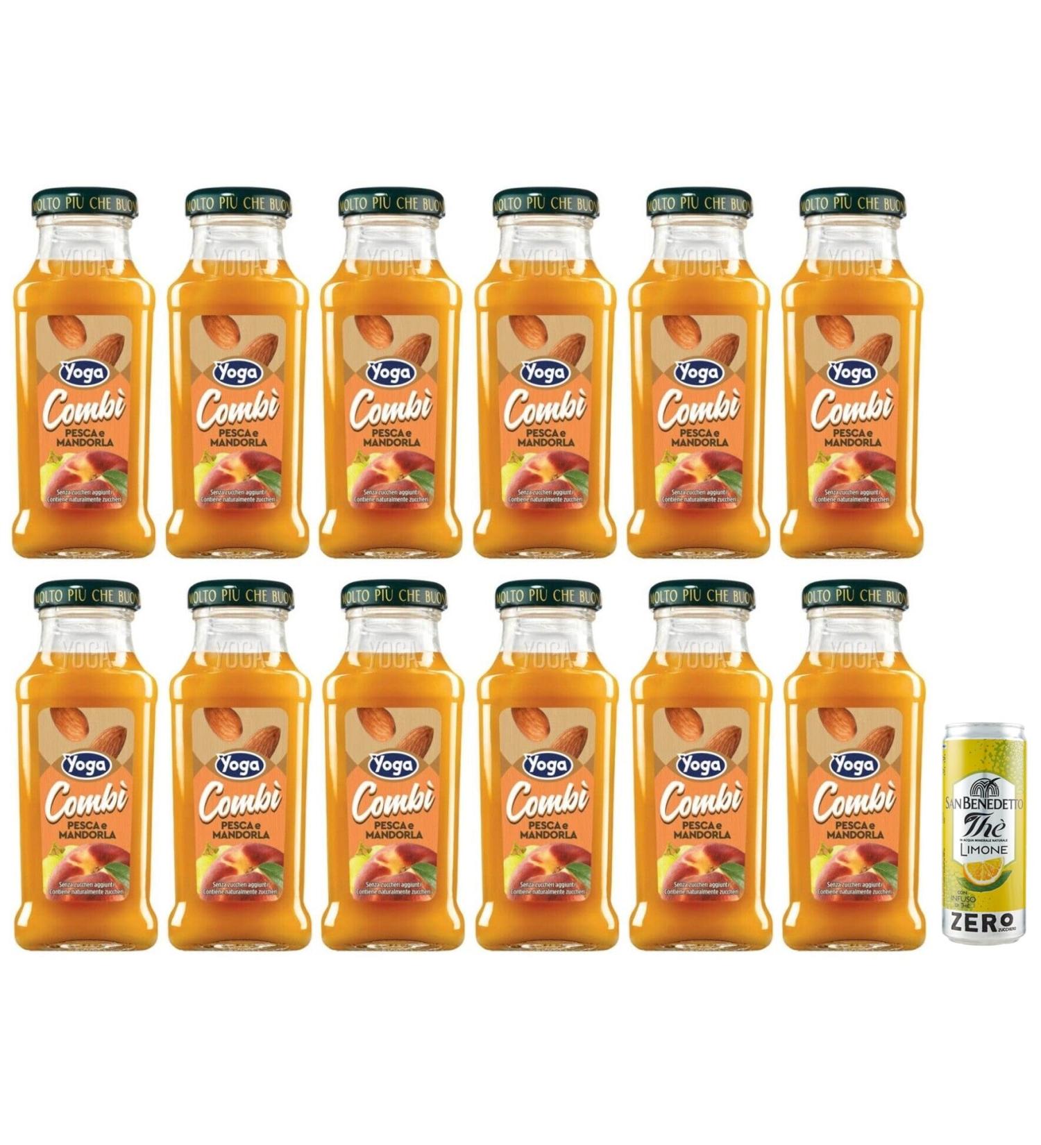 Yoga Pesca Mandorla Lot de 12 jus de fruits la p che et aux amandes - Boisson rafra chissante sans alcool - Bouteille en verre jetable de 200 ml + 1 sachet de th glac San Benedetto au citron sans - Buy Online on GoSupps.com