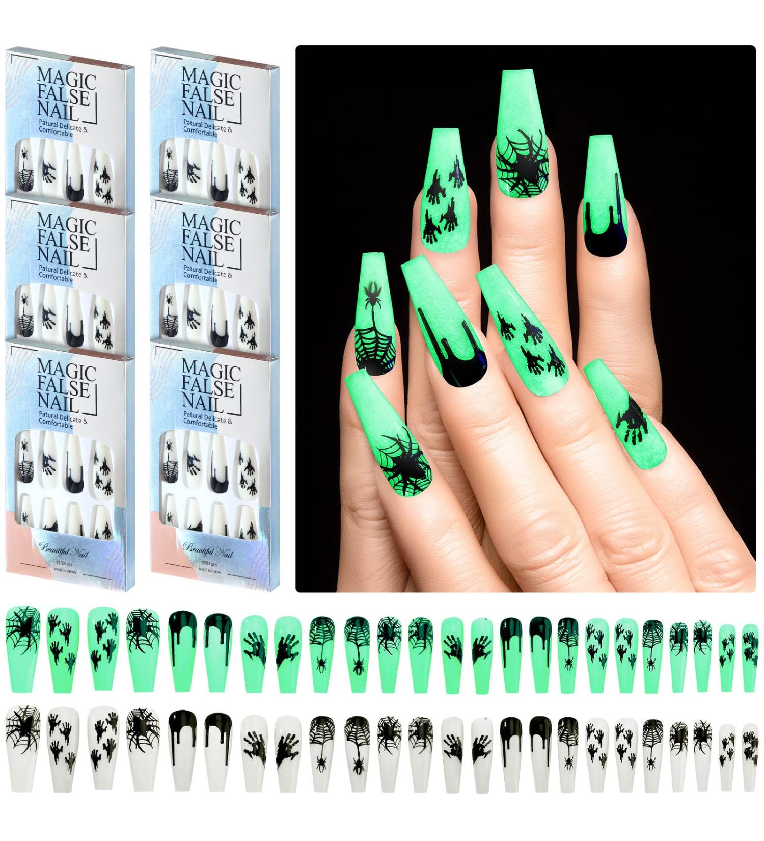 144 Pieces Halloween Glow in The Dark Press on Nails - Luminous Coffin Nails with Glue | Spider Web Design for Women & Girls - Perfect for Halloween Party Decor - Buy Online on GoSupps.com