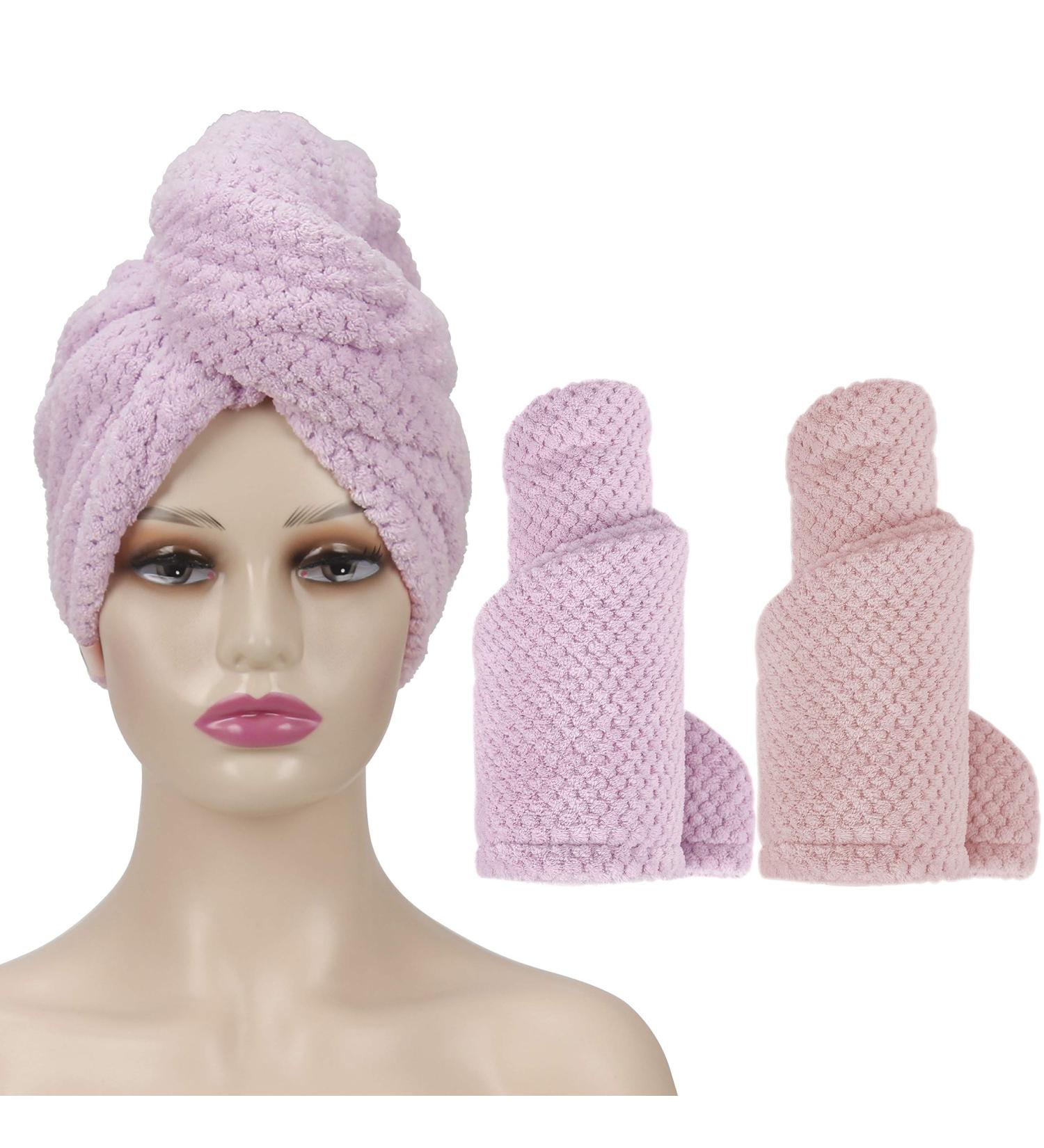 LuseCarl Microfiber Hair Towel for Women - Quick Drying Anti-Frizz Turban - Super Absorbent Soft Button Design - 2 Pack in Purple & Pink - Buy Online on GoSupps.com