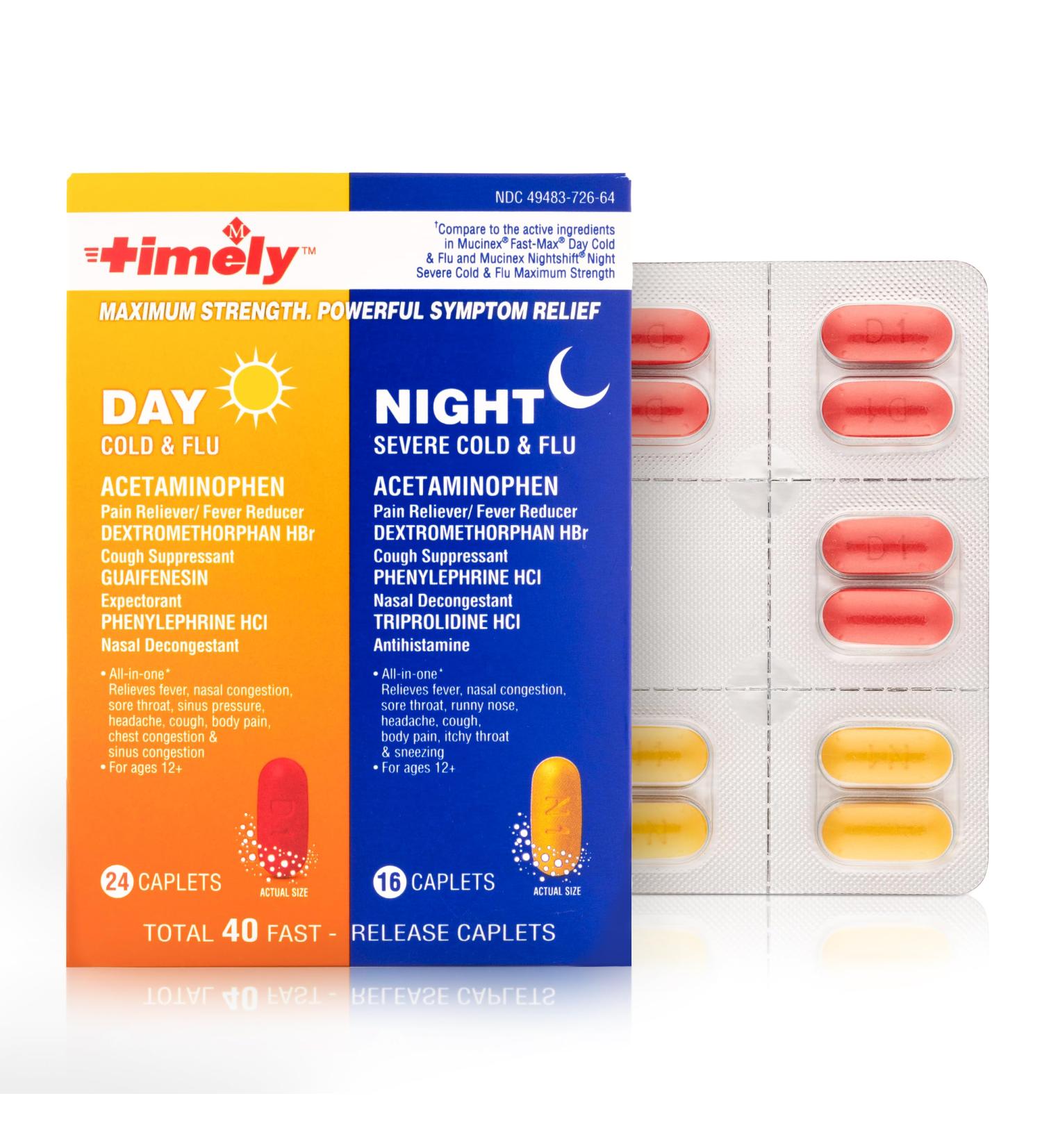 Timely Maximum Strength Day & Night Cold & Flu Relief - Compare to Mucinex Fast Max - 40 Caplets for Fast Acting All-in-One Relief - Buy Online on GoSupps.com