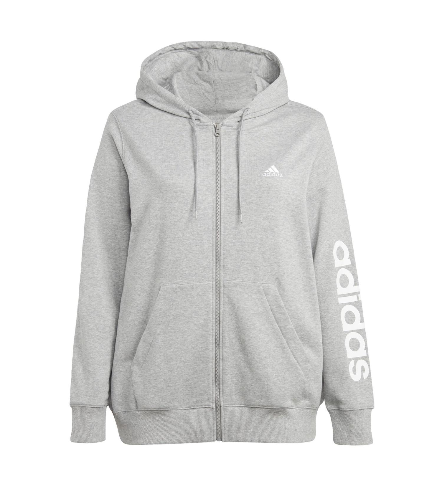 Adidas Women's Essentials Linear Full-Core French Terry Hoodie - Plus Size XL/Large - Medium Gray Heather/White Training Jacket - Buy Online on GoSupps.com