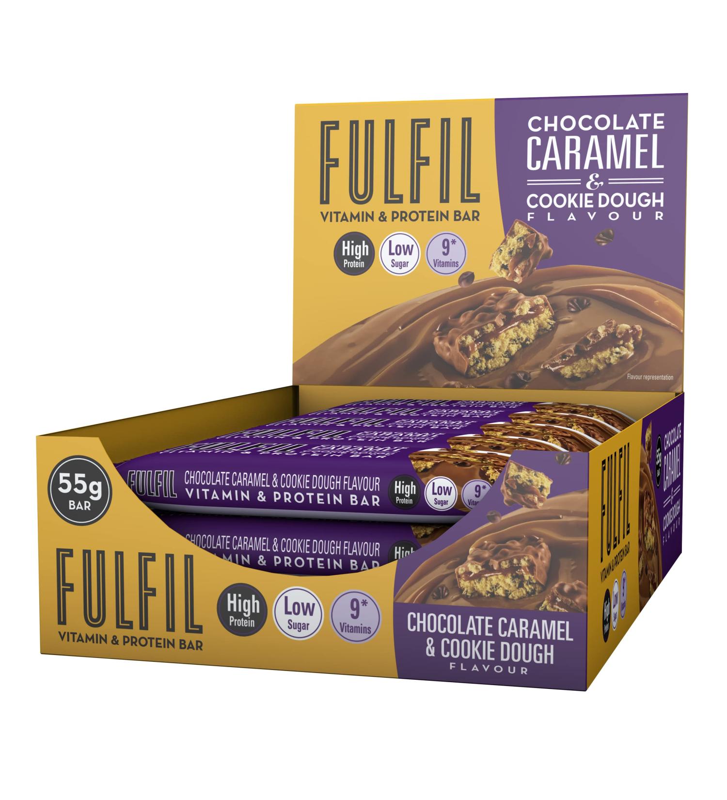 Fulfil Vitamin and Protein Bar (15 x 55 g Bars) Chocolate Caramel and Cookie Dough Flavour 20 g High Protein 9 Vitamins Low Sugar Chocolate Caramel & Cookie Dough 55g - Buy Online on GoSupps.com