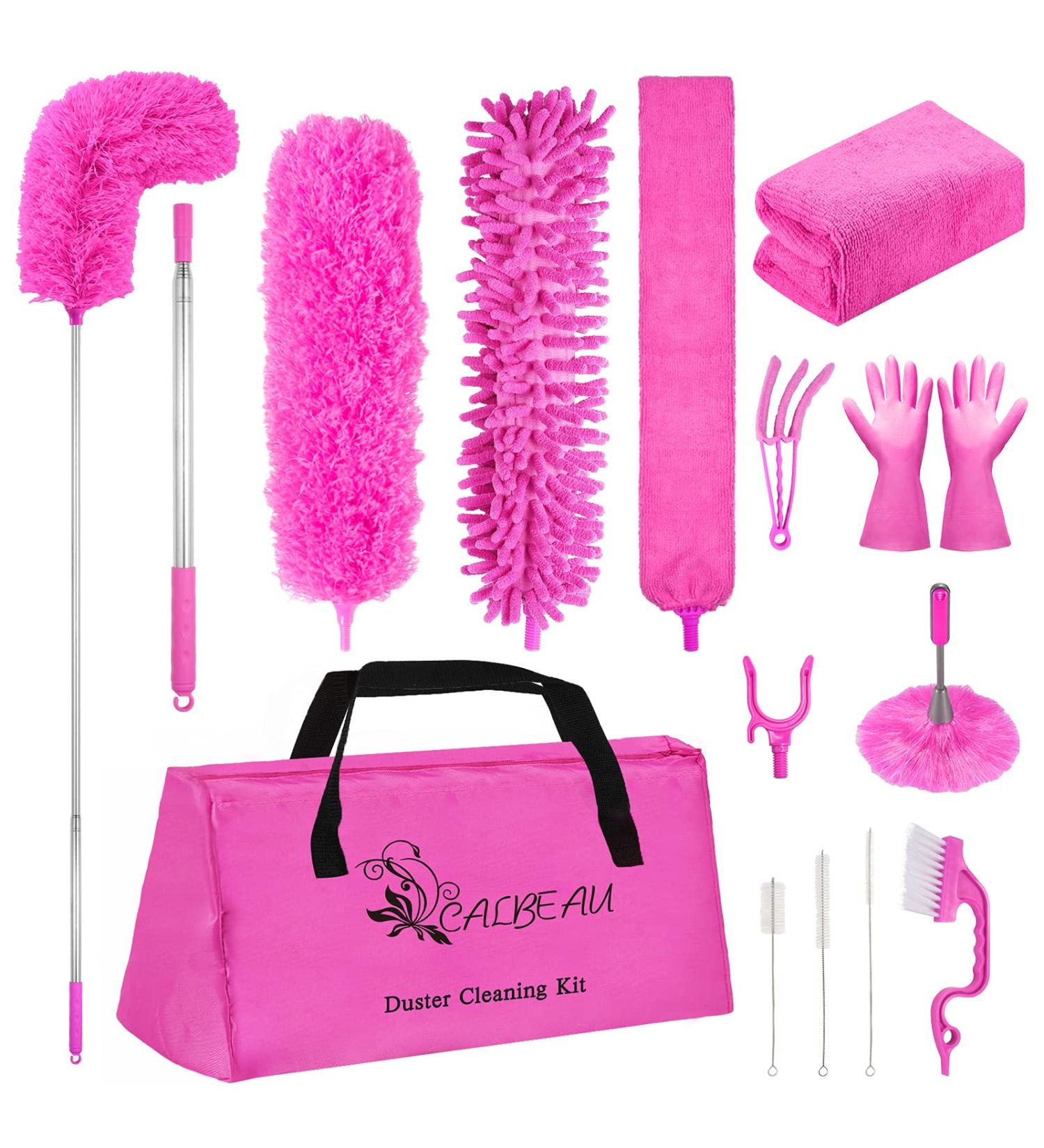 15PCS Microfiber Feather Duster Set with Extension Pole - Washable & Bendable Dusters for High Ceiling Fan, Blinds, Cars, Furniture - Cleaning Tools Kit in Pink - Buy Online on GoSupps.com