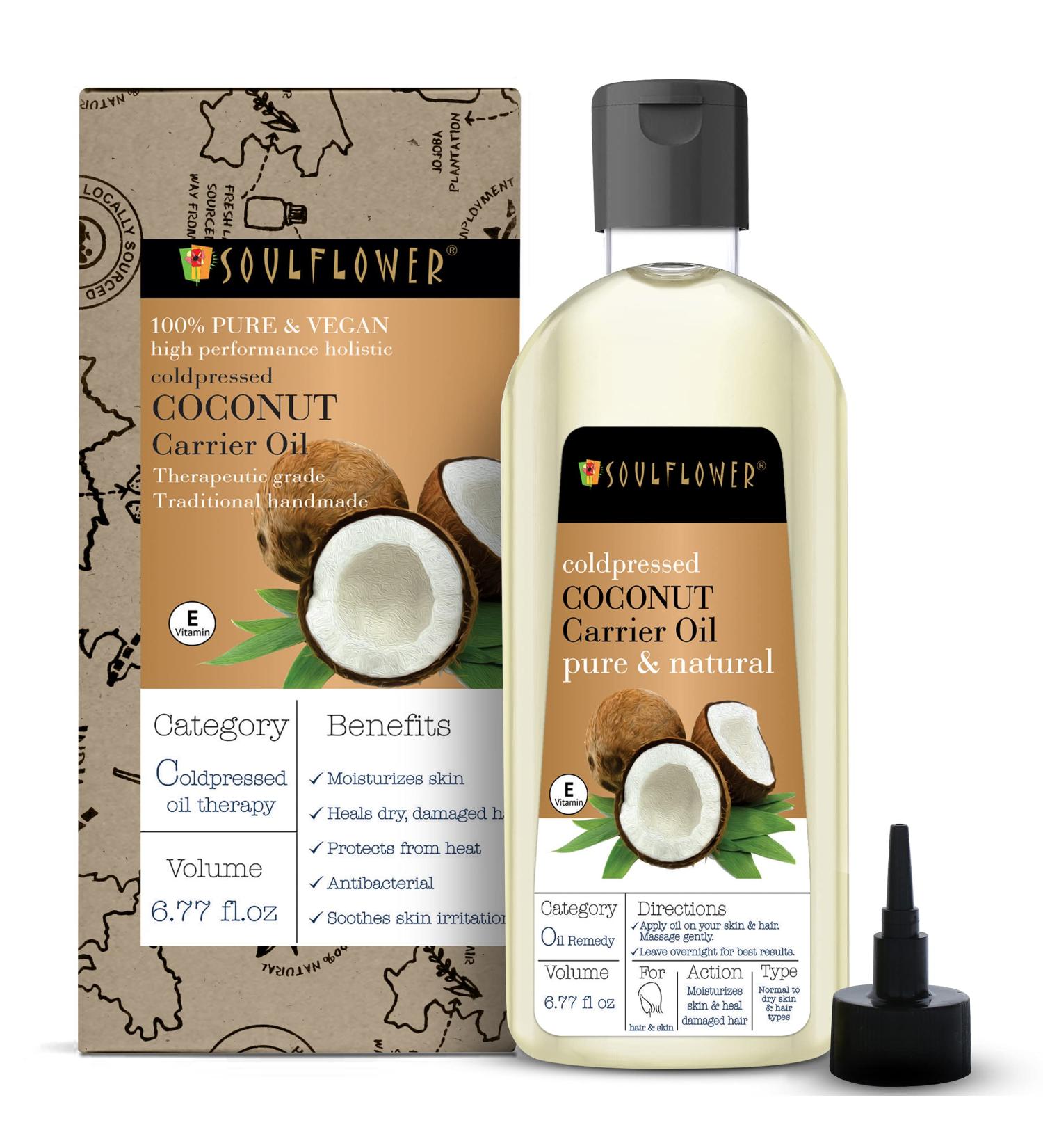 Soulflower Organic Cold Pressed Extra Virgin Coconut Oil - 6.77 fl oz | 100% Pure Natural Carrier Oil for Skin, Hair, and Face | Moisturizing with Essential Oils - Buy Online on GoSupps.com