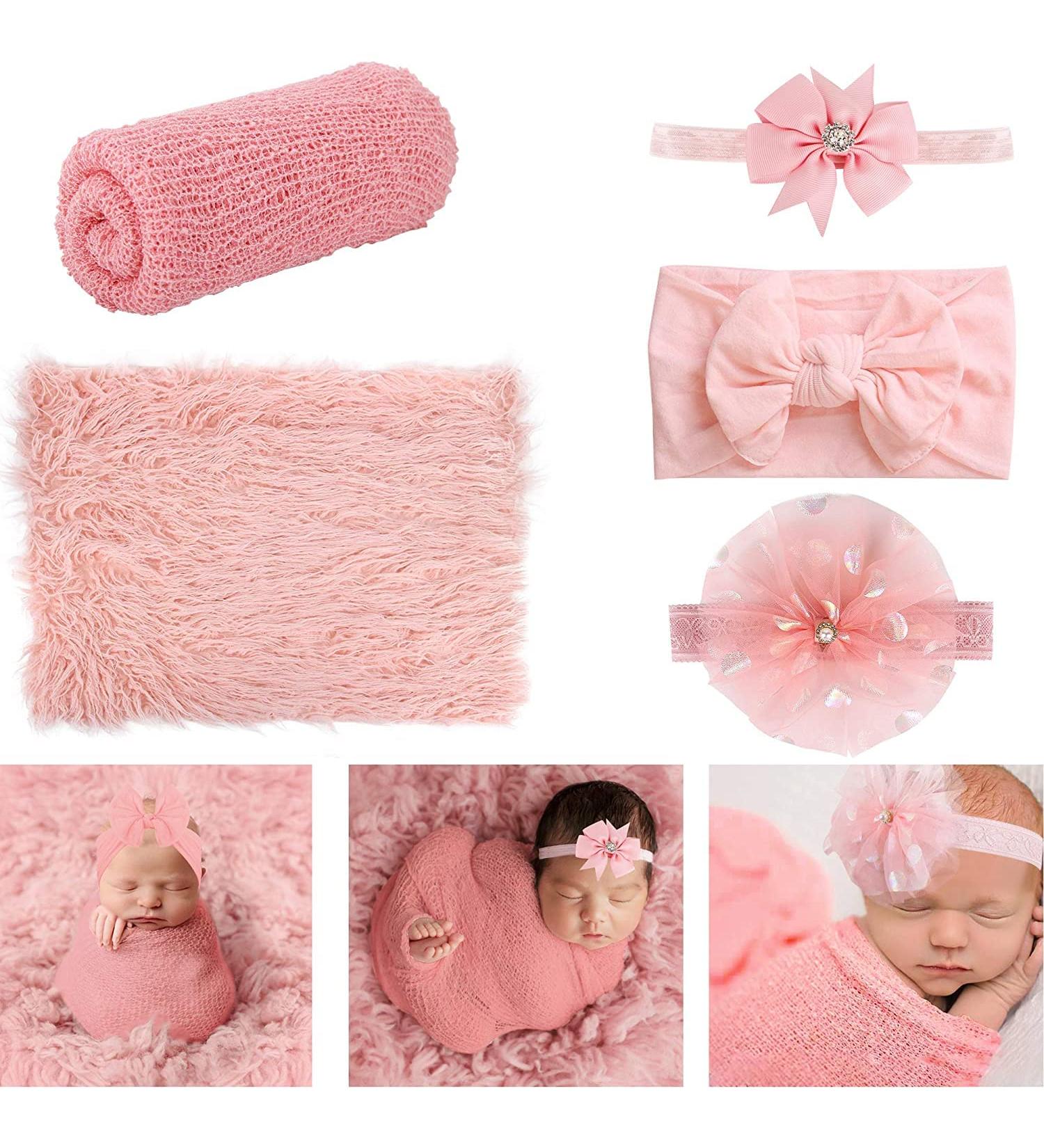 Newborn Photography Props  5 PCS Baby Photo Props Long Ripple Wraps with Headbands  Pink Baby Photography Wrap Set for Baby Girl and Boy - Buy Online on GoSupps.com