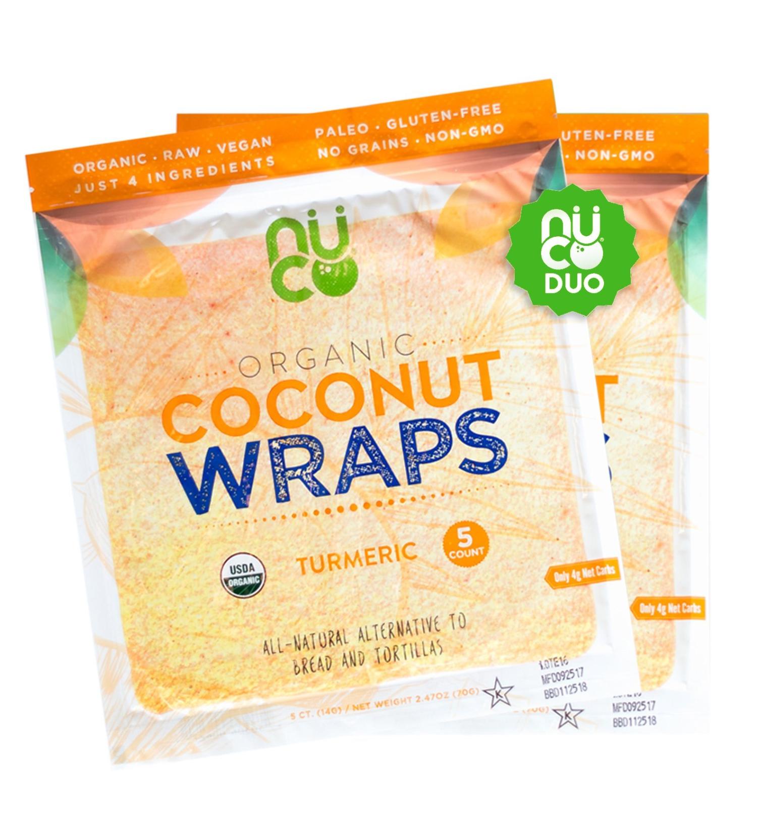NUCO Certified Organic SHELF STABLE Paleo Gluten Free Vegan Non-GMO Kosher Raw Veggie Coconut Wraps Turmeric Flavor. NO Salt Added Low Carb and Yeast Free 10 Count (Two Packs of Five Wraps Each) - Buy Online on GoSupps.com
