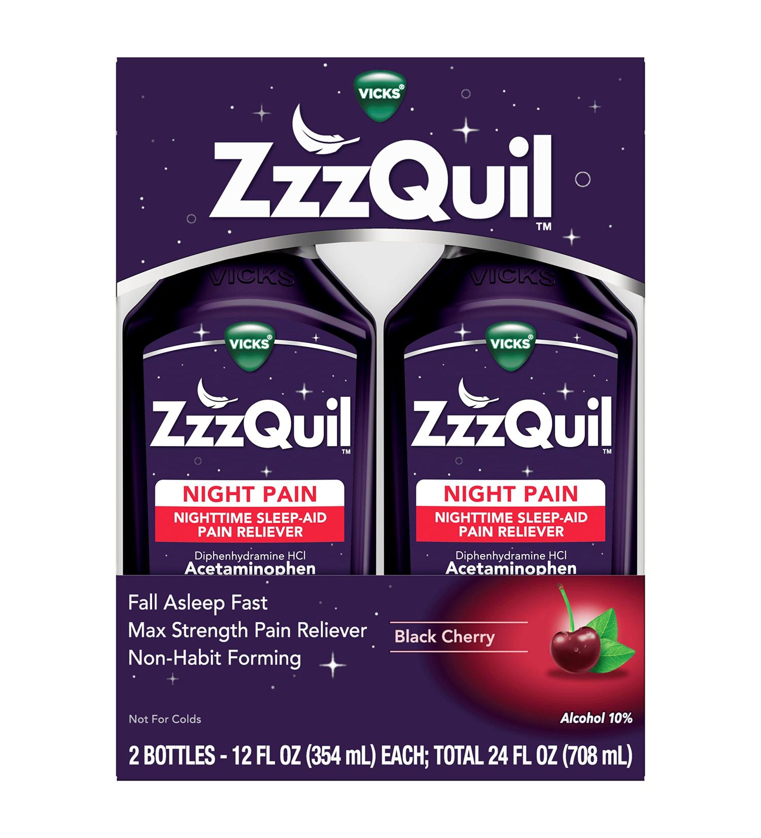 Vicks ZzzQuil Nighttime Pain Relief Liquid | Max Strength Sleep Aid & Pain Reliever | Black Cherry Flavored | 12 Fl Oz (Pack of 2) - Buy Online on GoSupps.com
