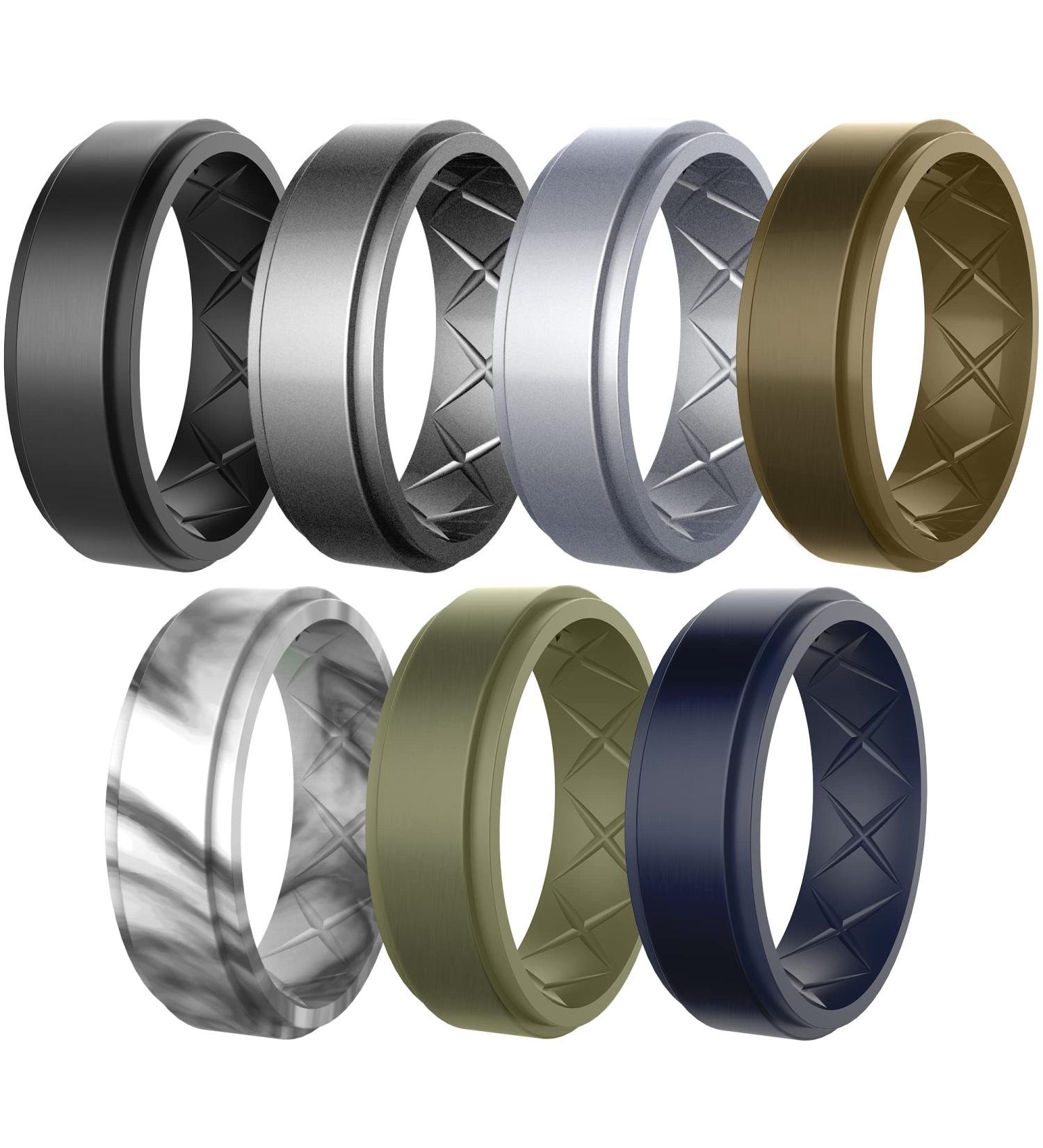 Zollen Breathable Men's Silicone Wedding Ring Bands for Sports - Black, Metal Dark Grey, Silver, Bronze, Marble, Army Green, Dark Blue - Size 12 (21.3mm) - Buy Online on GoSupps.com