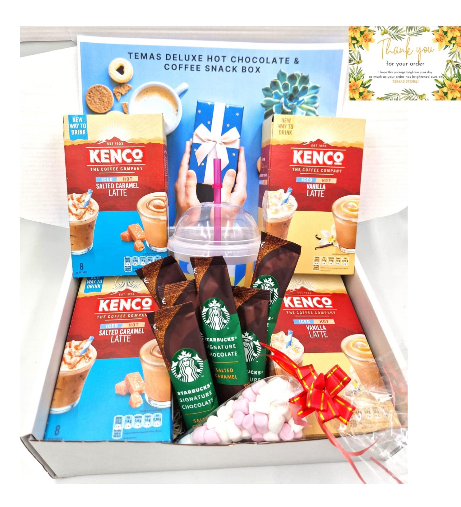 Instant Iced/Hot Coffee & Hot Chocolate Gift Box Contains 2 x Salted Caramel 2 x Vanilla Latte (32 Sachets) With 6x Hot Chocolate Sachets Marshmallow & Reusable Coffee Cup And Straw (Hot Chocolate) - Buy Online on GoSupps.com