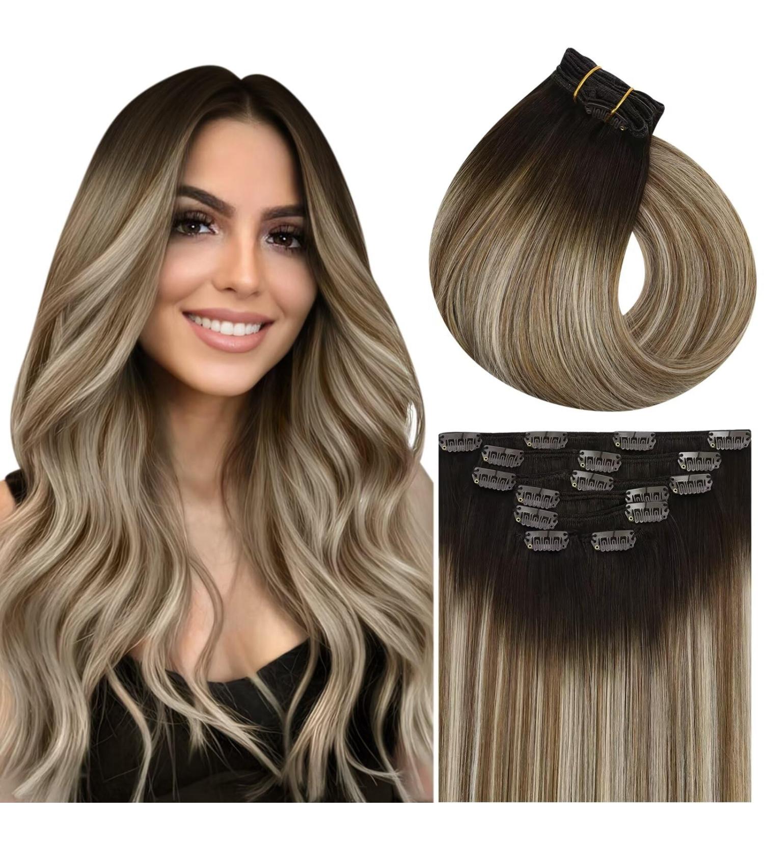 Vivien Extensions - Real Hair Clip-In Remy Balayage Ombre Extensions | Dark Brown Light Brown Light Blonde | 45cm 18 Inch 120g 7PCs - Buy Online on GoSupps.com