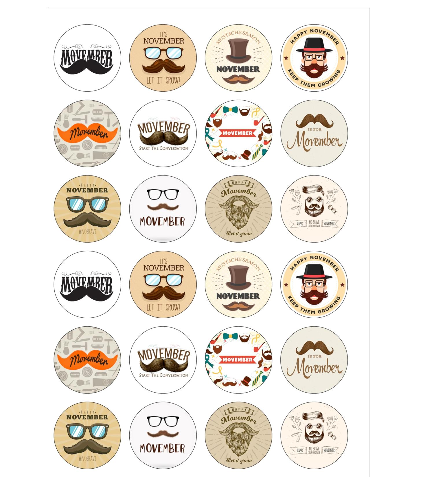 24 Pre-Cut MOVEMBER Charity Themed Edible Wafer Paper Cake Toppers Decorations