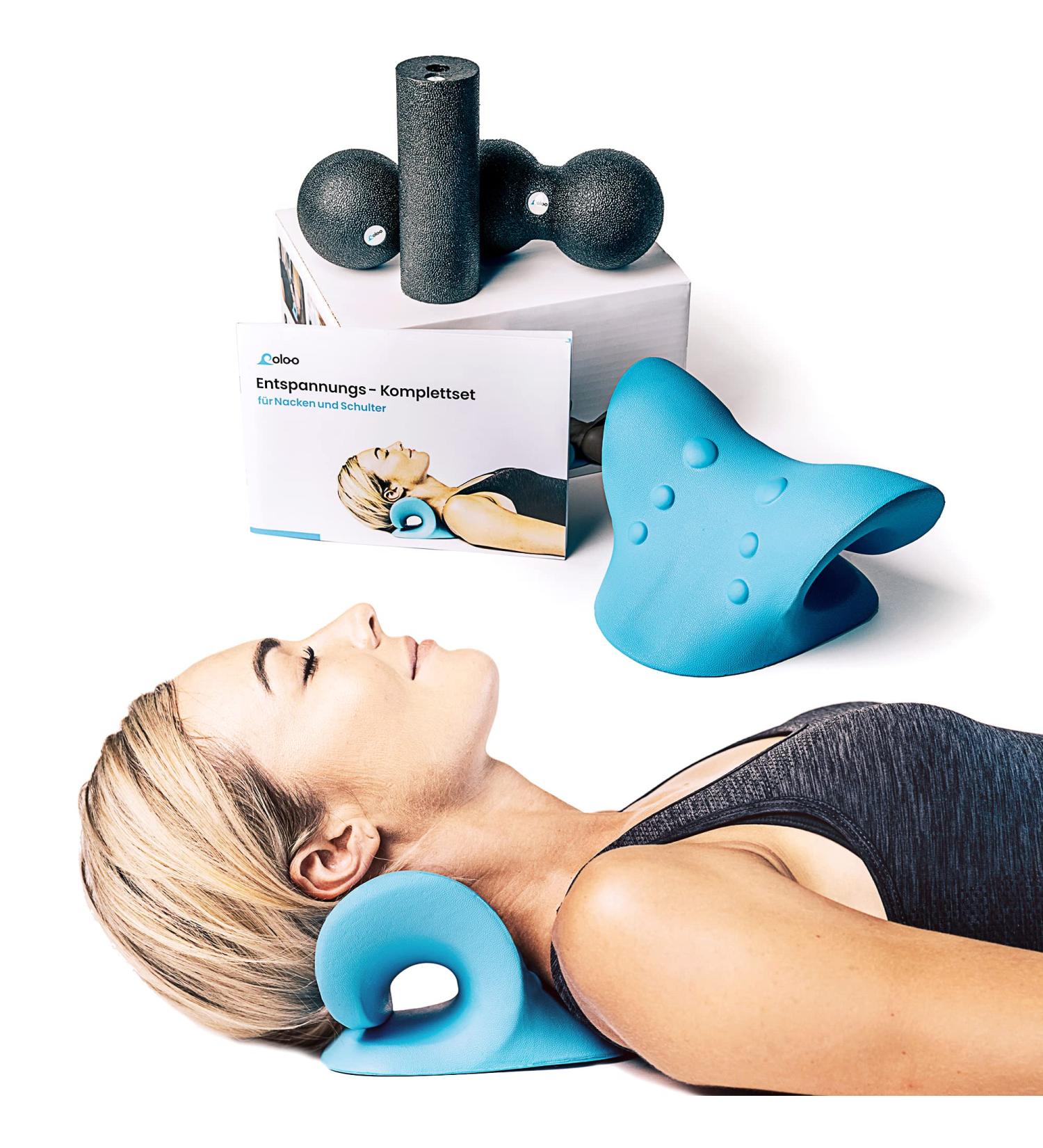 Coloo Neck Massage Set - Ultimate Neck & Shoulder Relaxation | Naked Pillow Neck Stretcher & Trigger Point Therapy for Pain Relief | Headache Shoulder & Back Pain | Cyan & Black - Buy Online on GoSupps.com