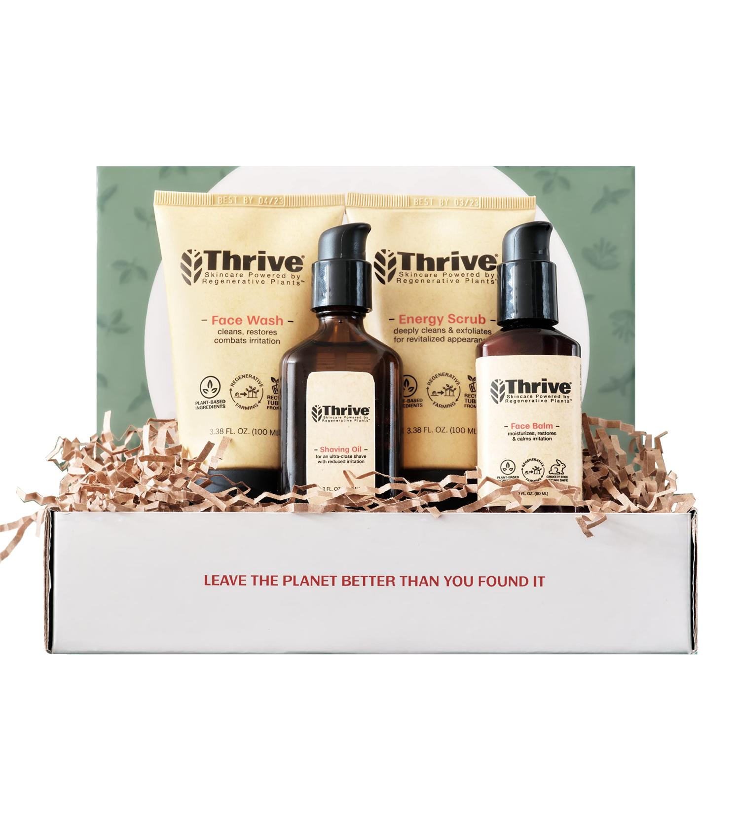 THRIVE Natural VIP Men's Skin Care Set - 4 Piece Grooming Gift Set with Organic Ingredients | Made in USA | Wash, Exfoliate, Shave, Soothe - Buy Online on GoSupps.com