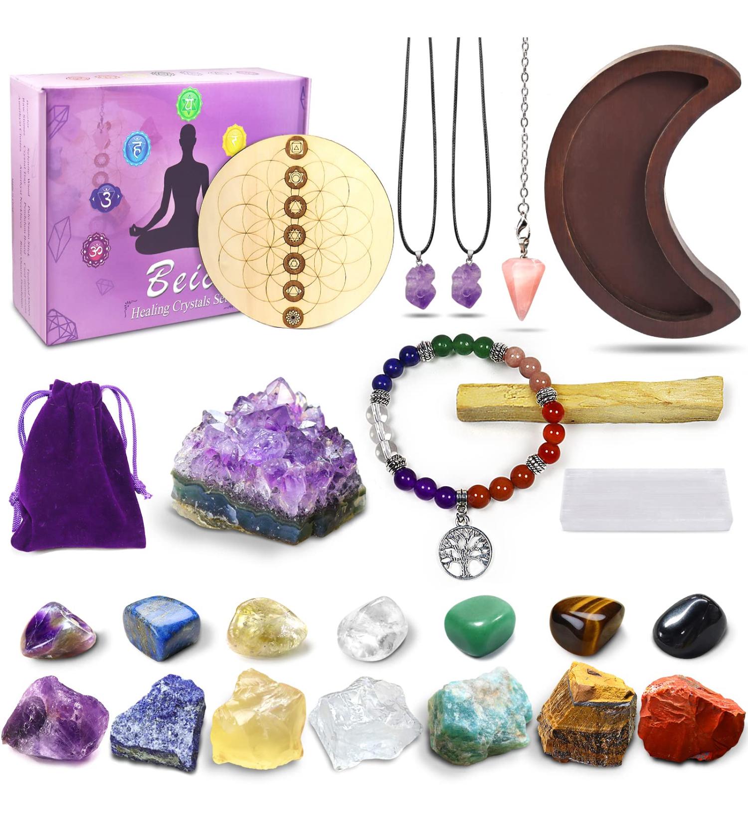 Healing Crystals Set  23pcs Natural Healing Stones for Yoga Meditation Reiki  7 Tumbled and 7 Raw Stones for 7 Chakras Balancing with Amethyst Cluster  Moon Tray  Pendulum  Necklace  Selenite - Buy Online on GoSupps.com
