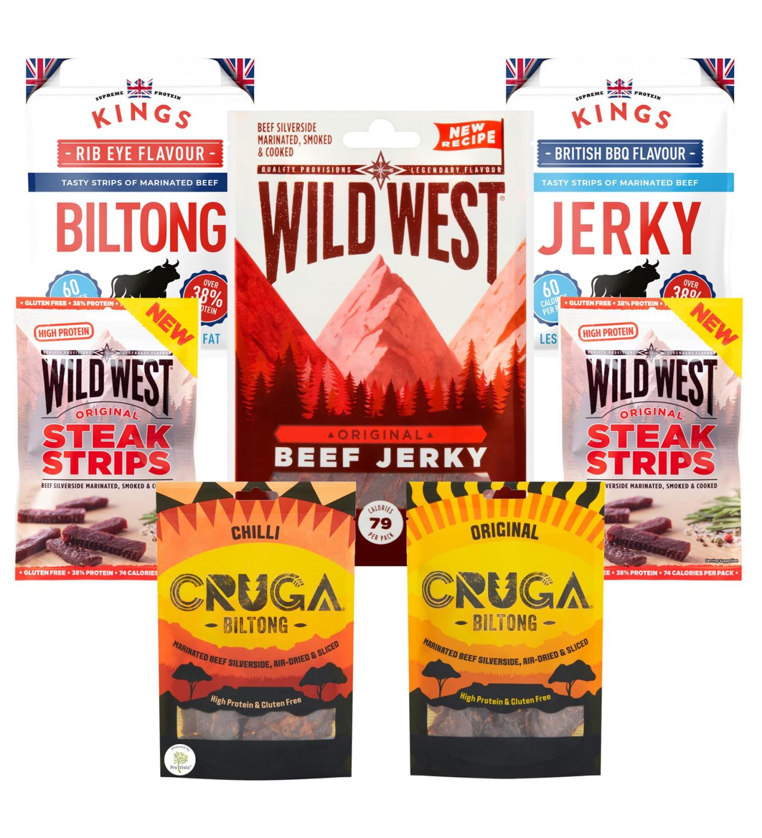 Kings Beef Jerky & Biltong Mix Package - CRUGA KINGS WILD WEST - 315g Dried Meat 7-Pack | International Shipping Available - Buy Online on GoSupps.com