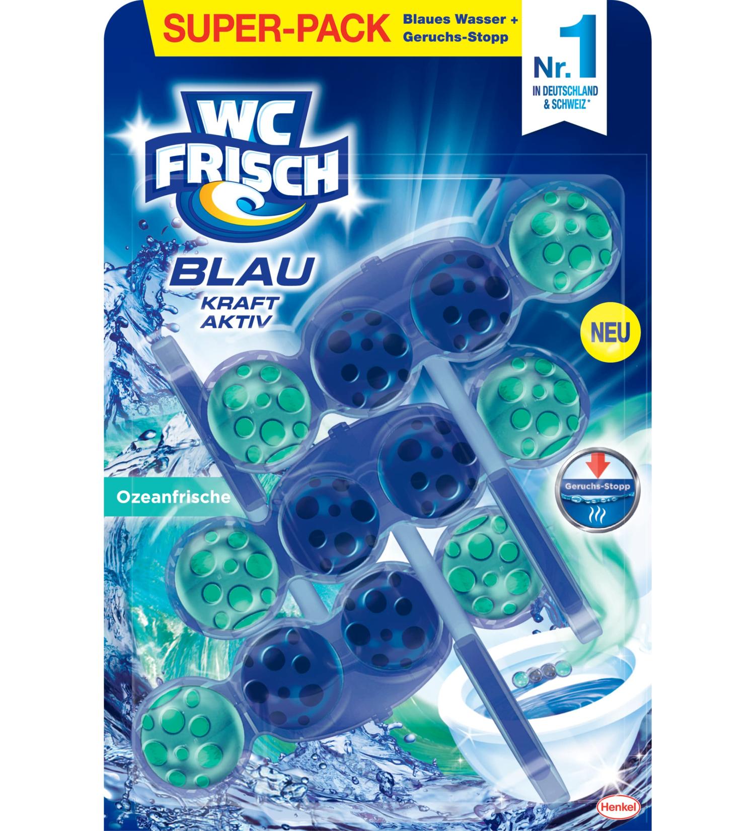 WC Frisch Kraft Aktiv Ocean Fresh Toilet Cleaner - 150g Odor-Stop Formula & Fragrance Stones - 3 Pack for Extra Freshness & Cleaning - Buy Online on GoSupps.com