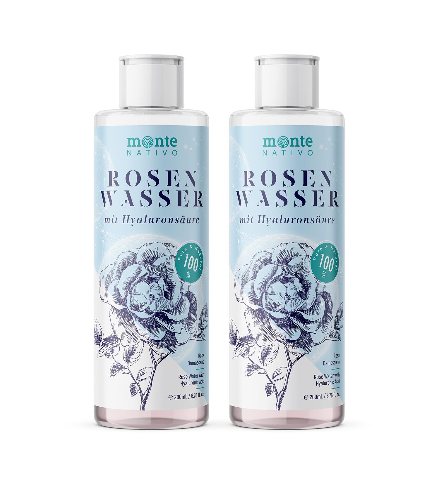 Rose Water with Hyaluronic Acid 2x200ml | Natural Facial Care & Cleaning | Anti-Pimple Skin Toner | Monte Nativo - Buy Online on GoSupps.com