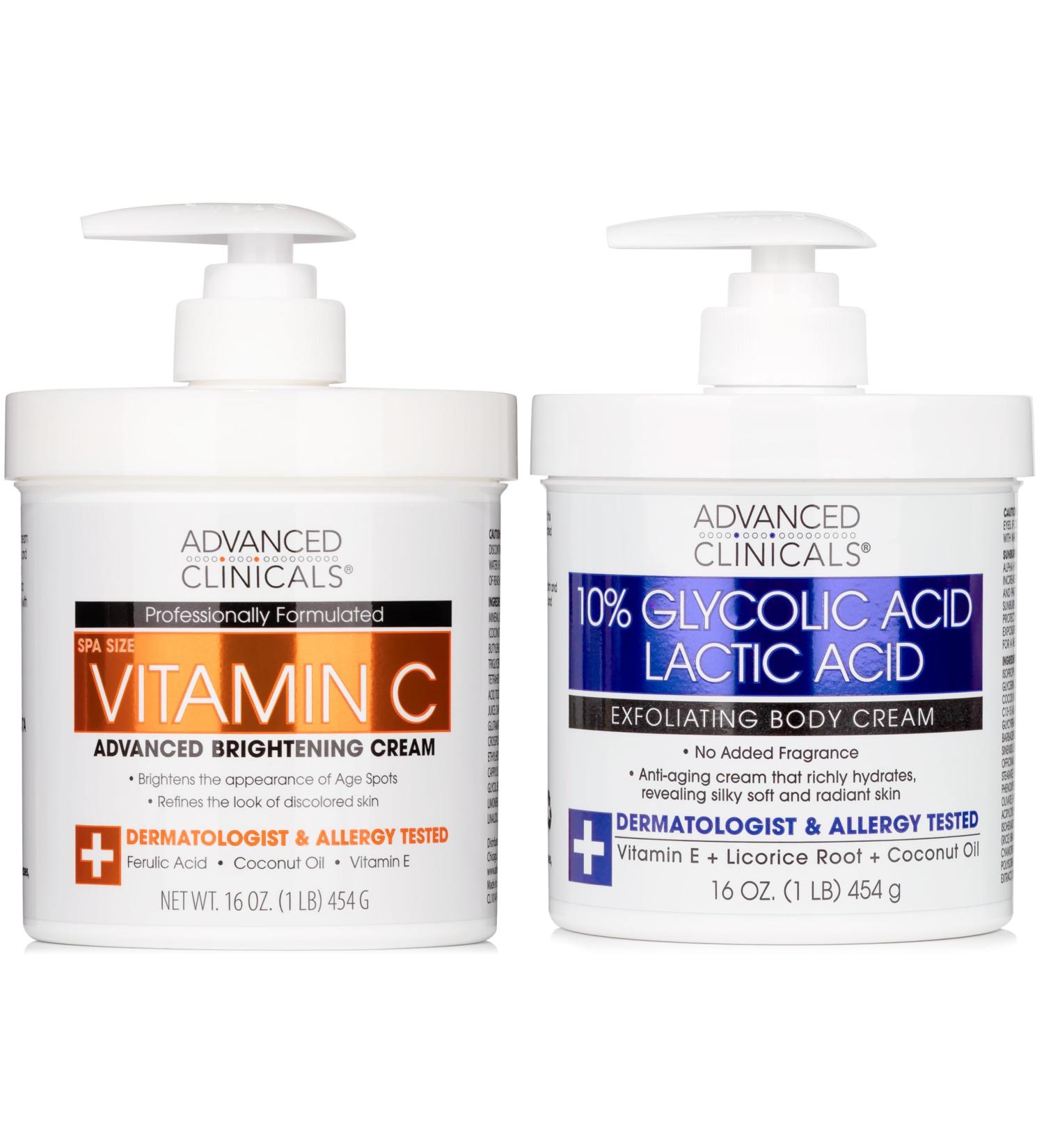 Advanced Clinicals 10% Glycolic Acid + Lactic Acid Exfoliating Body Cream + Vitamin C Brightening Cream Set - Buy Online on GoSupps.com