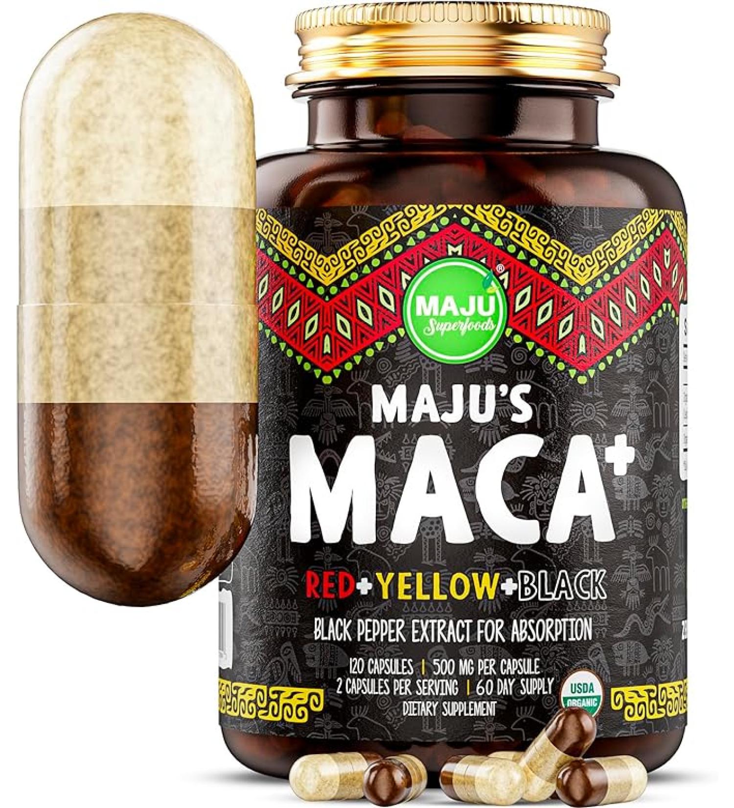 Maju Superfoods 4-in-1 Maca Root Capsules Organic Black Yellow & Red Roots w Black Pepper Extract for Absorption (120 ct) | Peru Product Peruvian Powder Men & Women Supplement 60000 mg - Buy Online on GoSupps.com