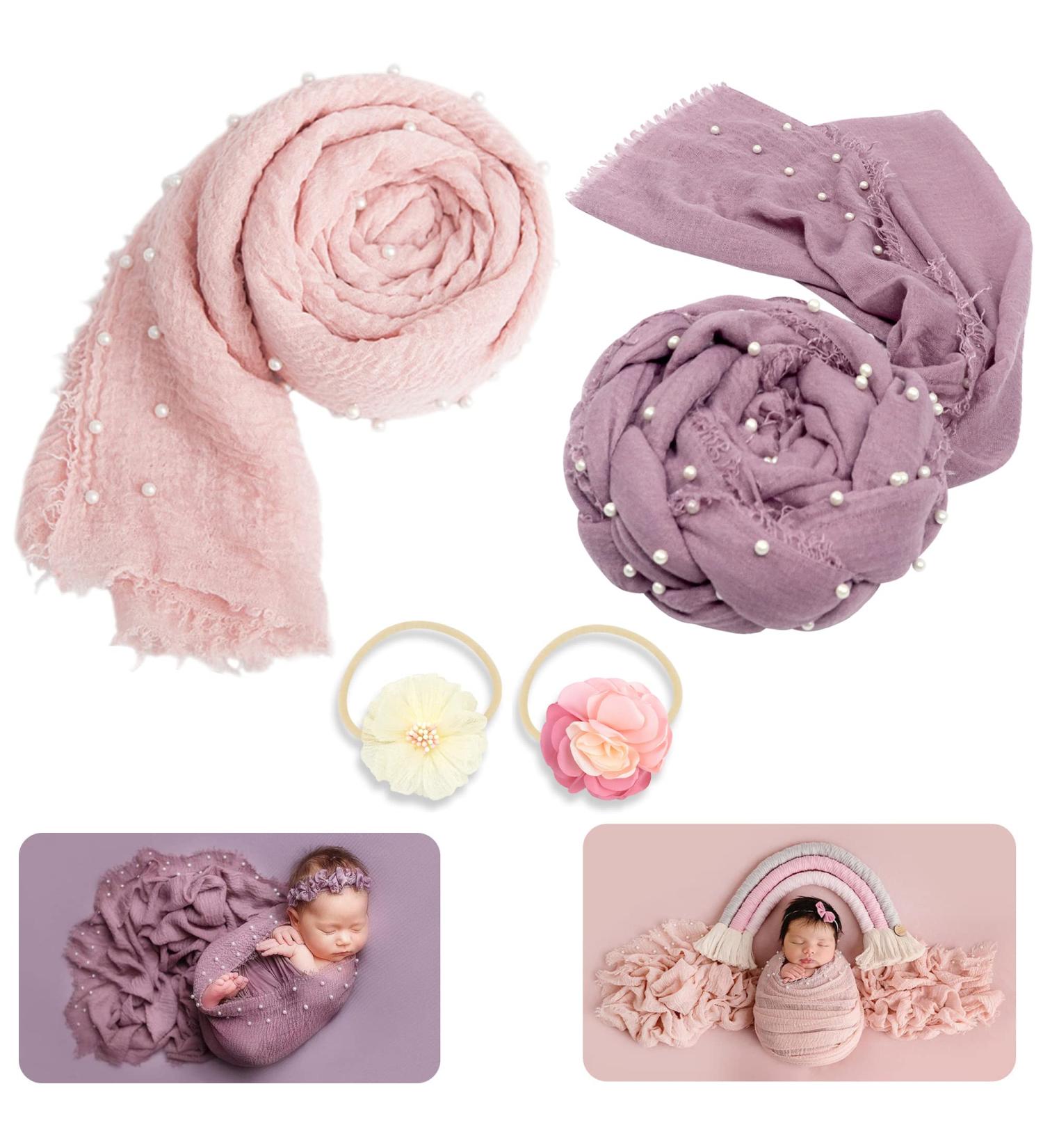 Newborn Photography Props Bundle: 4 PCS Handmade Knit Wrap Blankets Swaddle with Pearl Decor & Headbands - Snow Powder/Purple Gray - Buy Online on GoSupps.com