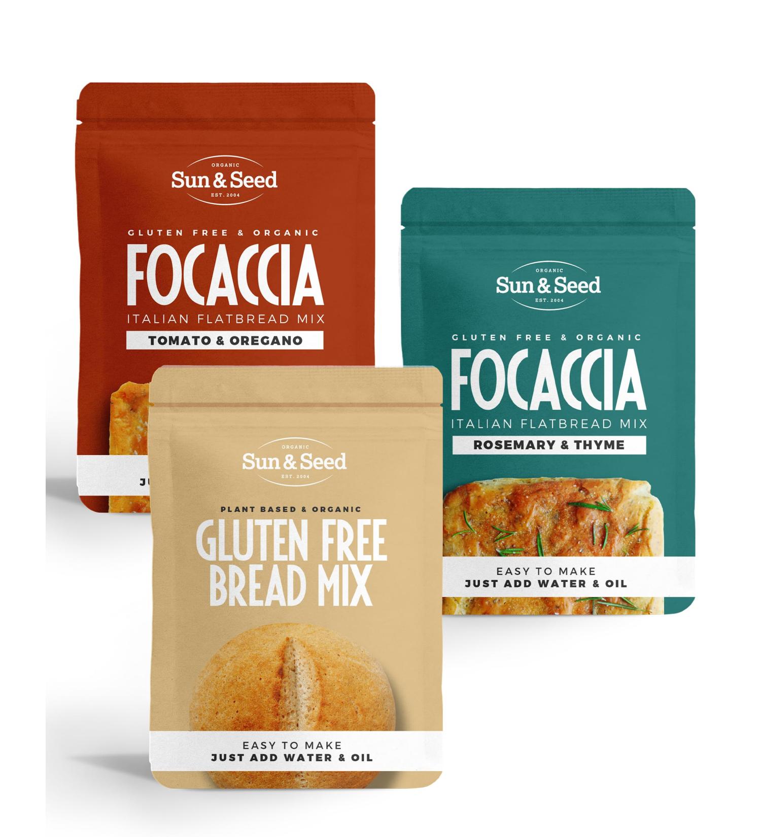 Organic Gluten Free Bread Mix & Focaccia Mix Bundle by Sun & Seed - 300g - 3 Pack - Vegan Friendly - Made From Organic Ingredients - Gluten Free Organic GF Bread & Focaccia Mix Bundle - Buy Online on GoSupps.com