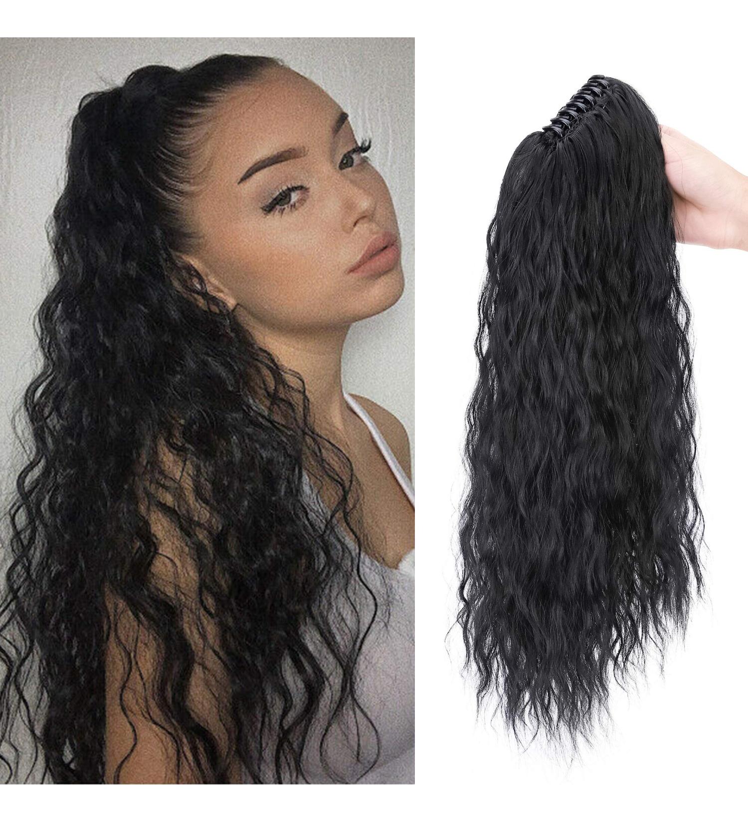 Ponytail Extension Clip-In 60cm Dark Black Wavy Hair Braid - Realistic Hair Corn Wave Clip with Clamp - Buy Online on GoSupps.com