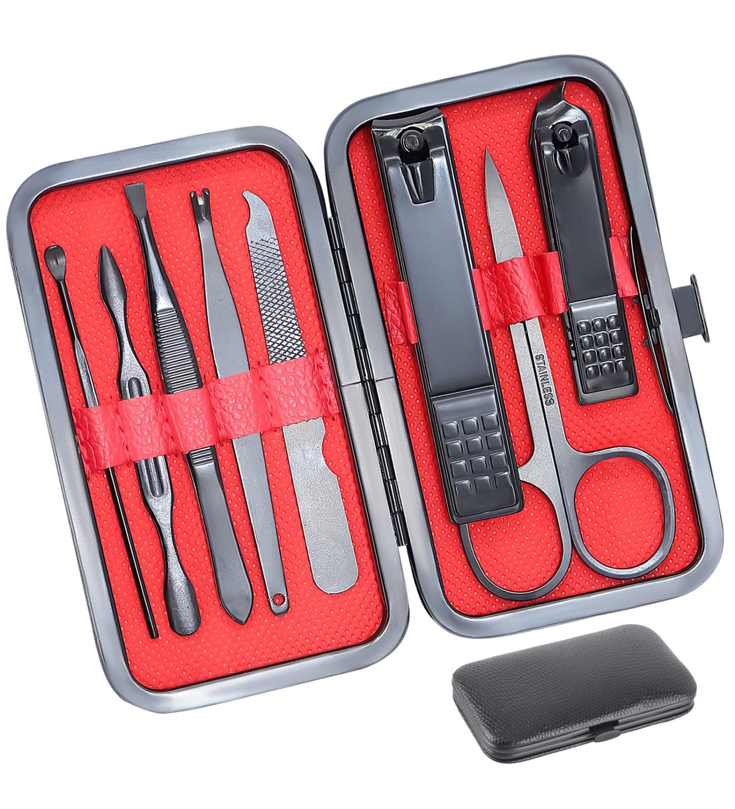 ONEHERE Premium 8 PCS Nail Clippers Set - Professional Manicure & Pedicure Kit for Facial Hand Foot Care - Includes Cuticle Tools and Travel Case - Black - Buy Online on GoSupps.com