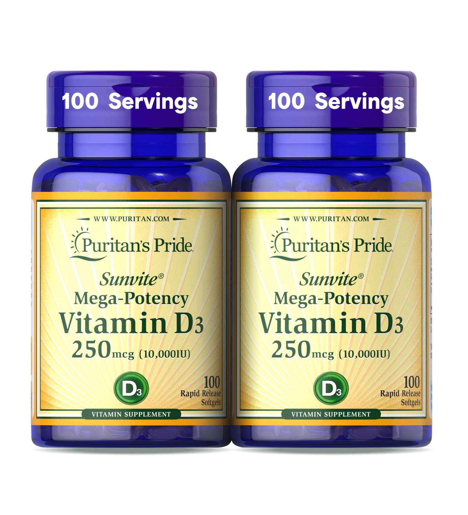 Puritan's Pride Premium Sunvite Mega-Potency Vitamin D3 10 000 IU Dietary Supplement for Healthy Bones Teeth and Immune System Support 100 Rapid Release Softgels - Buy Online on GoSupps.com