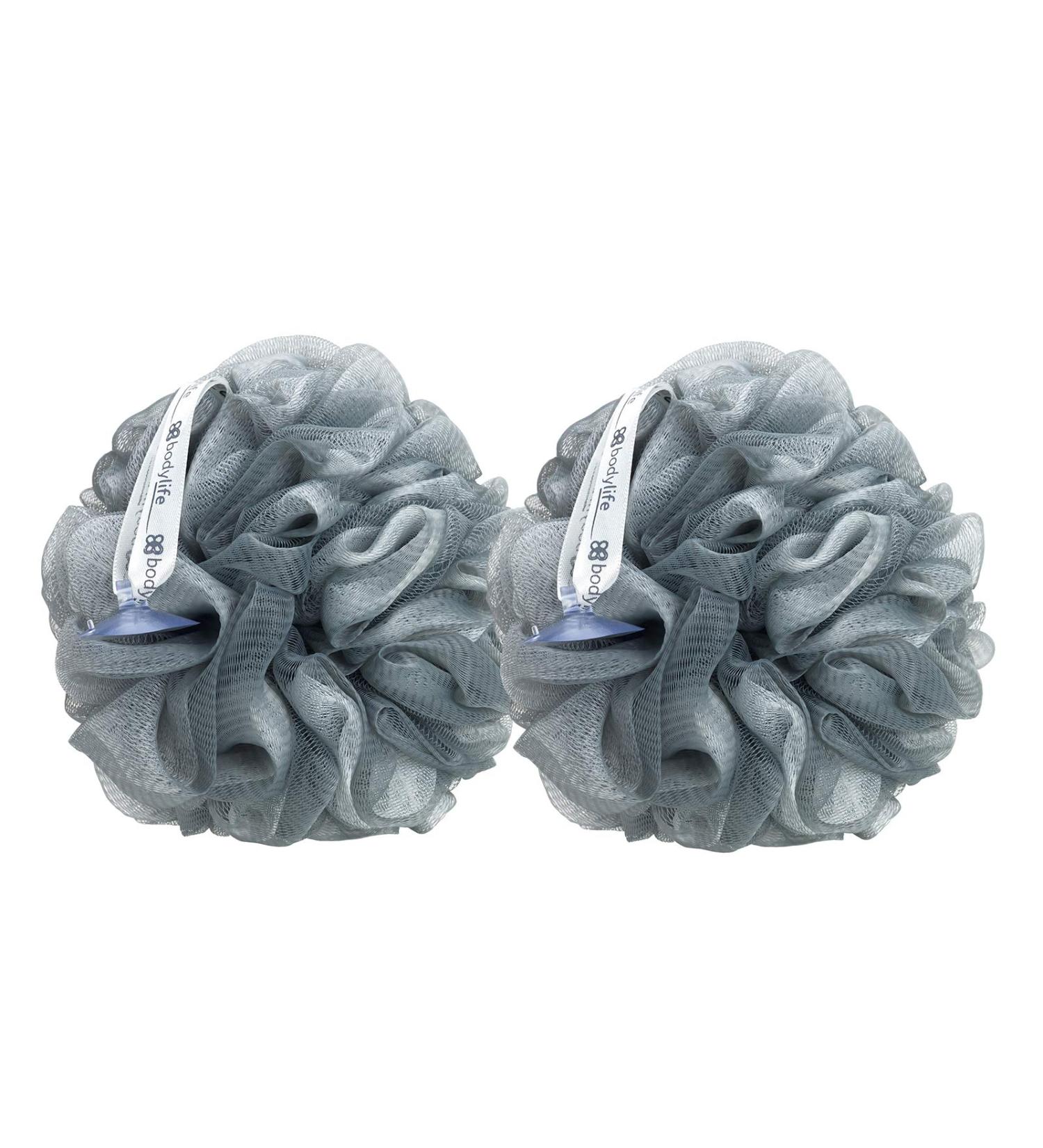 Bodylife Large Body Buffer Puff Exfoliating Bath & Shower Body Pouf Scrunchie Body Scrubber Grey & White 95g Twin Pack 2 Count (Pack of 1)