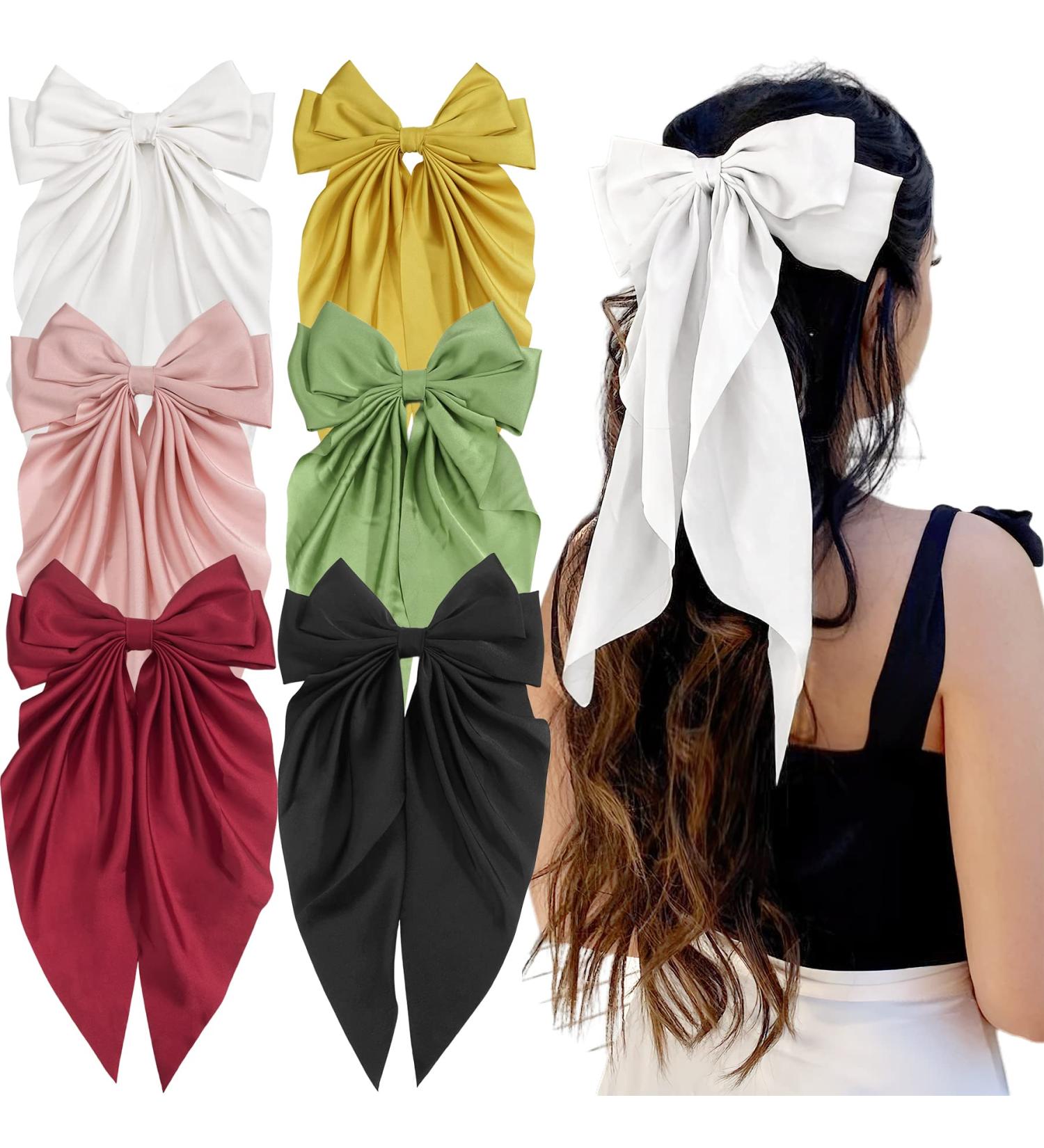 6PCS Large Satin Hair Bows Clips for Women - 13in Long Tail French Barrette Hair Slides - Soft Plain Color Hairpin 90's Accessories - Buy Online on GoSupps.com