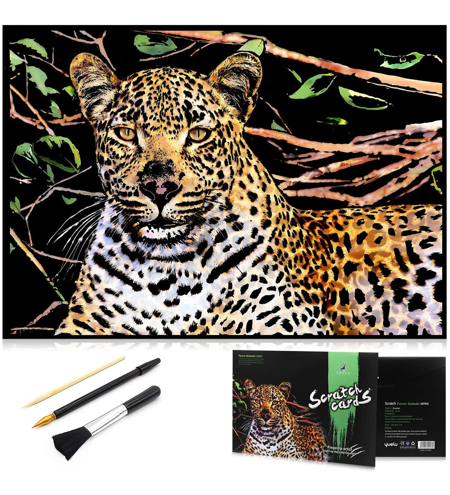 Rainbow Scratch Art Animal Painting Paper Kit - DIY Engraving Craft Set for Kids & Adults - Cheetah Design - 16'' x 11.2'' - Includes 3 Tools - Buy Online on GoSupps.com