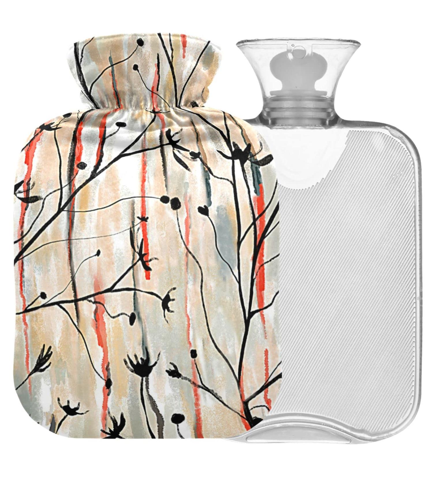 Naanle Flowers Leaves Stripes Heat Bottle - 1L Transparent Hot Water Bottle with Cover for Pain Relief Bed Warmer & Cold Therapy - Buy Online on GoSupps.com