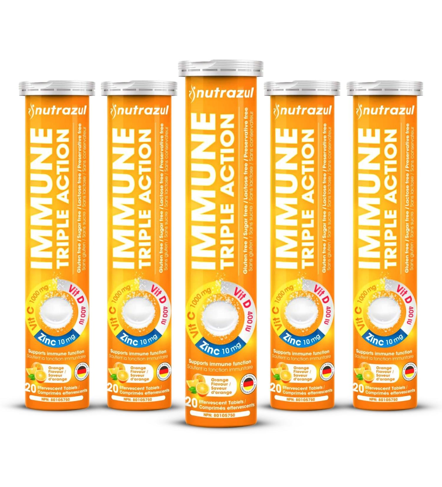 Nutrazul Immune Triple Action Effervescent Tablets with Vitamin C 1000mg Vitamin D Zinc Support Daily Routine Vegan Gluten-Free Sugar-Free Lactose-Free Orange Flavor 20 Tablets (Pack of 5x20) - Buy Online on GoSupps.com