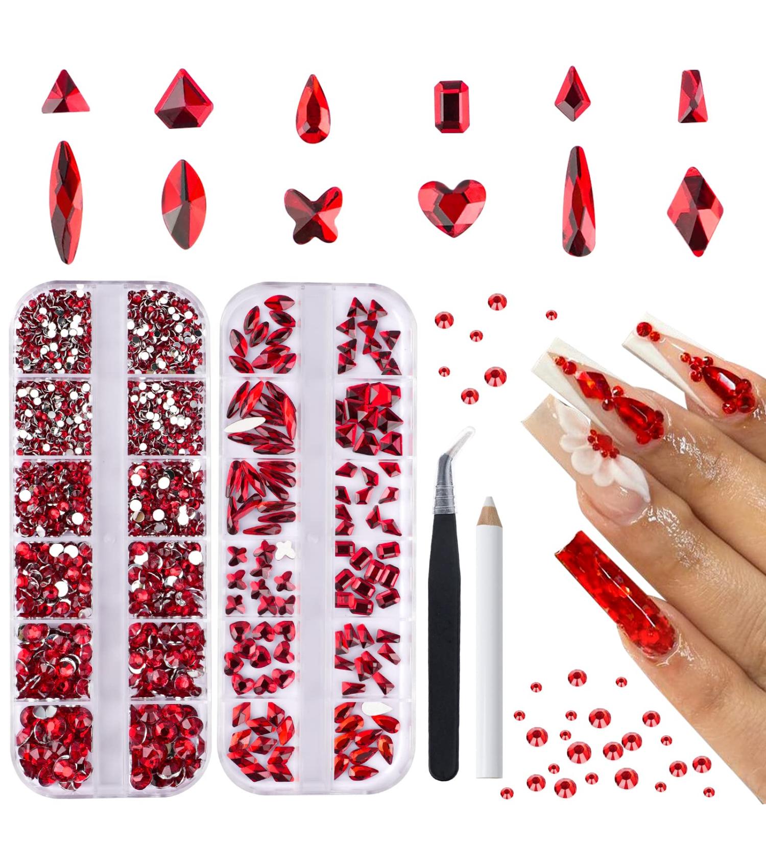 1820Pcs Red Rhinestones Nail Gems - 12 Styles 3D Glass Crystals | Multi Shape Flatback Face Gems with Rhinestones Picker and Tweezers - Buy Online on GoSupps.com