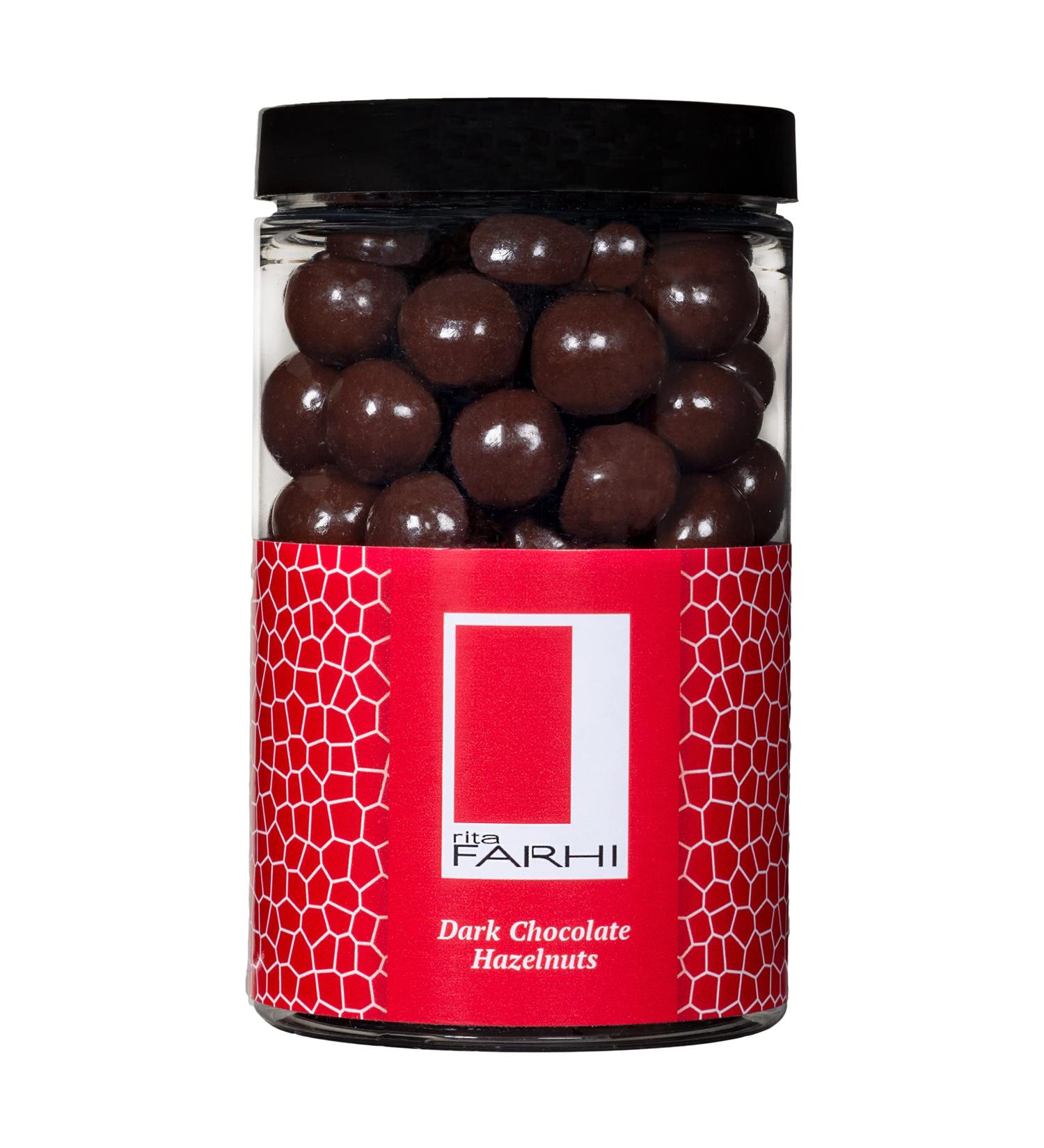 Rita Farhi Dark Chocolate Coated Hazelnuts in a Luxury Gift Jar 285g - New Palm Oil Free Recipe Dark Chocolate Hazelnuts